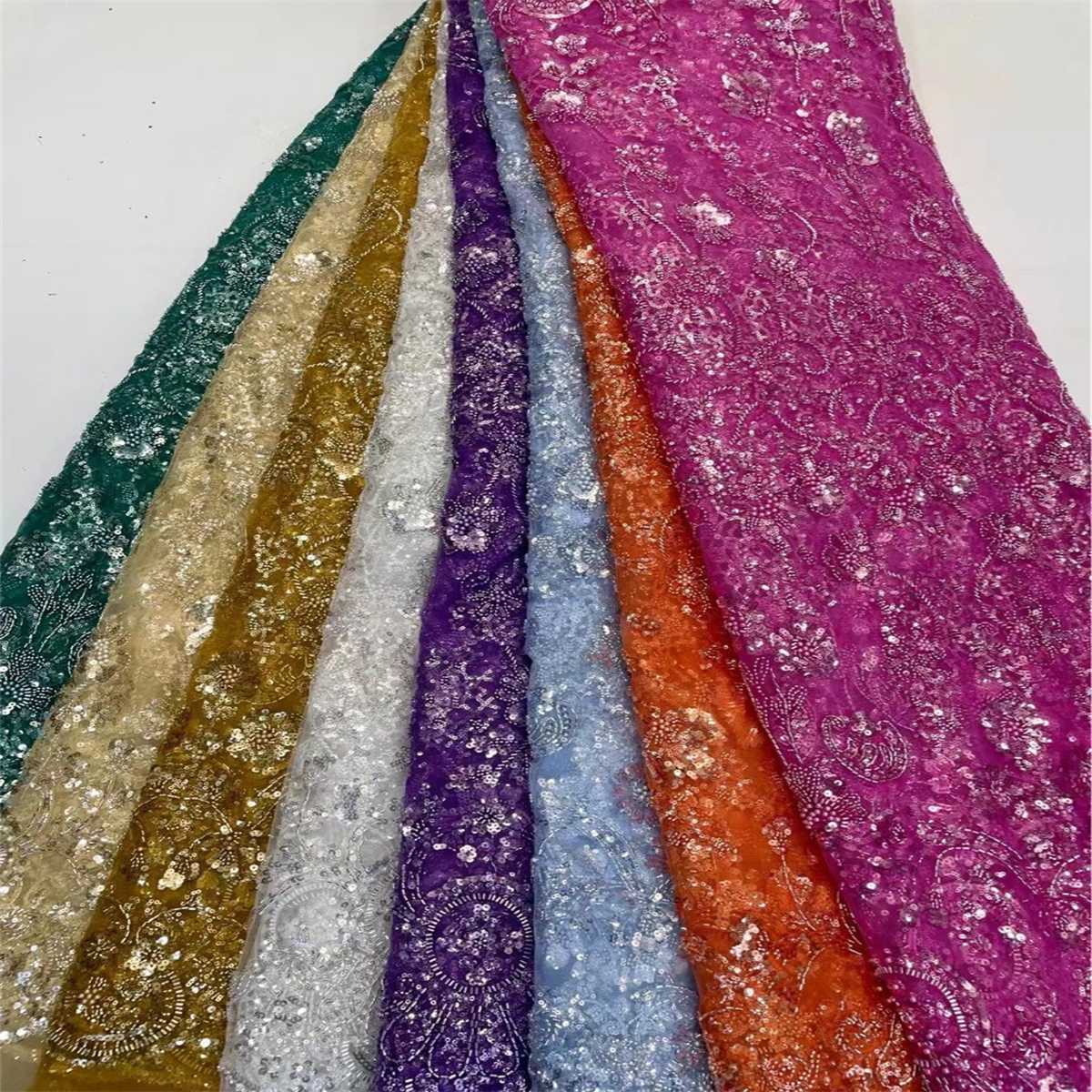 Luxury Crystal Beaded Pearl Embroidered Lace Fabric – 5 Yards for Wedding & Evening Dresses