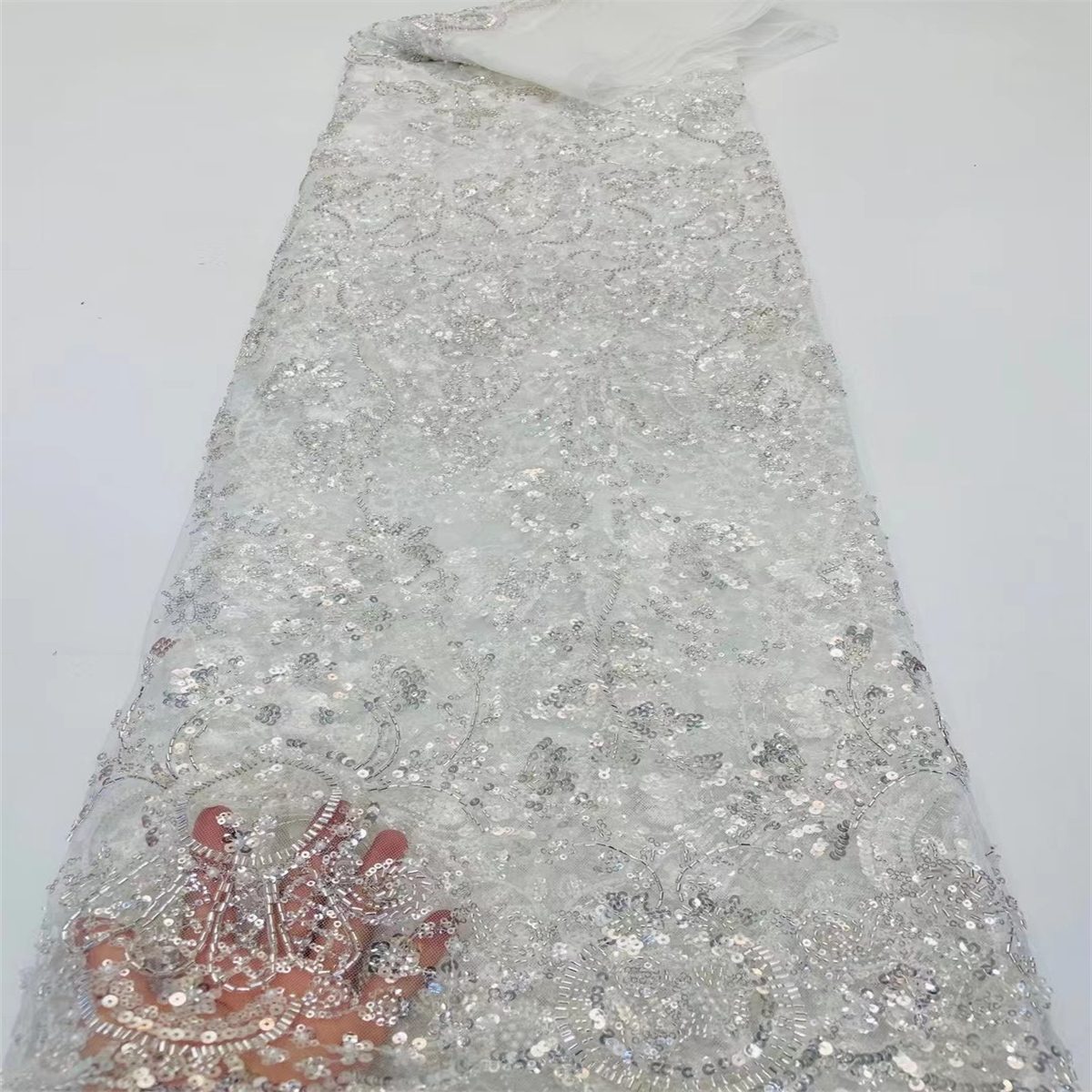 Luxury Crystal Beaded Pearl Embroidered Lace Fabric – 5 Yards for Wedding & Evening Dresses
