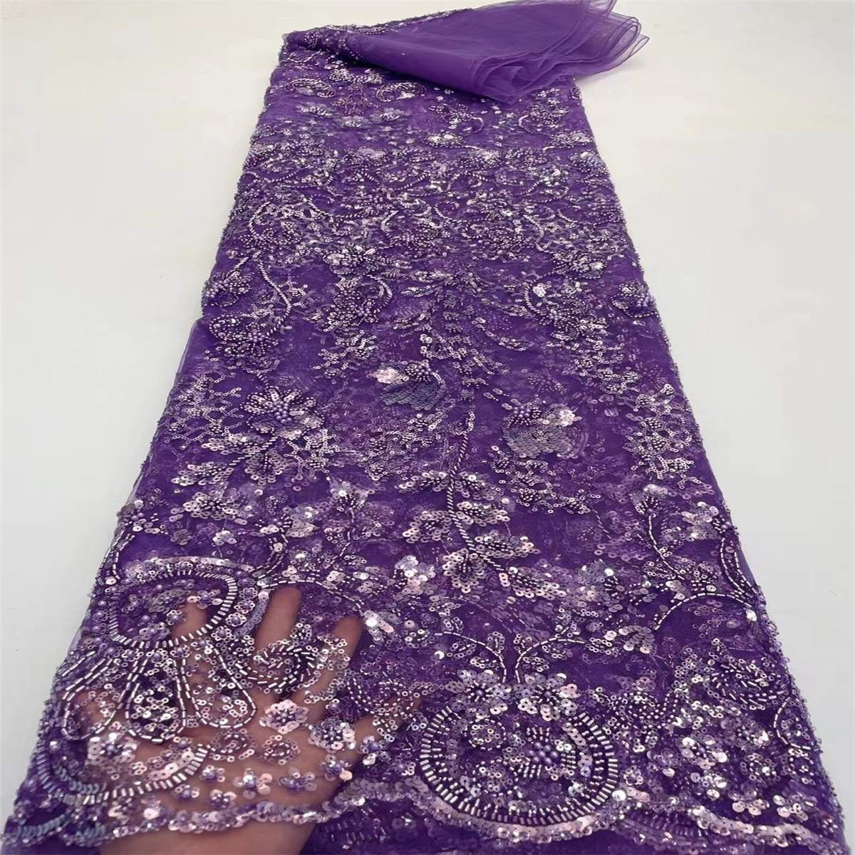 Luxury Crystal Beaded Pearl Embroidered Lace Fabric – 5 Yards for Wedding & Evening Dresses