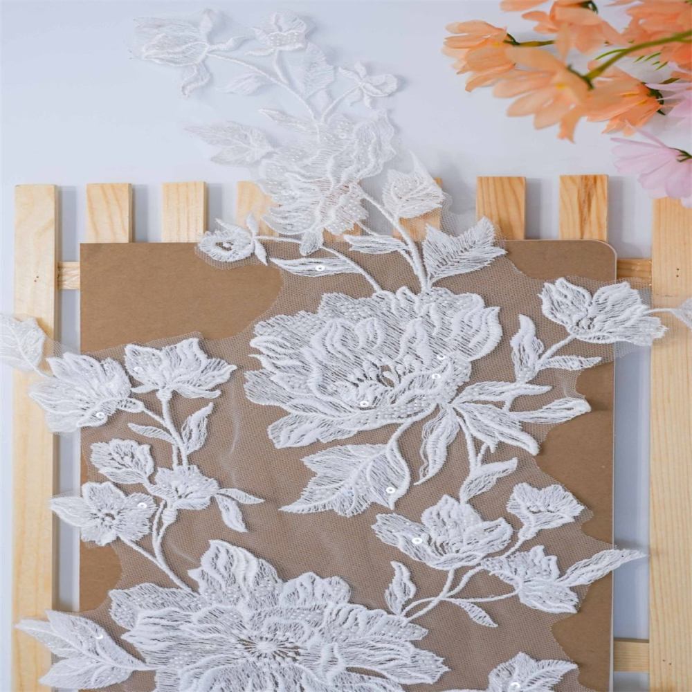 10 Pieces White Sequined Beaded Embroidered Bridal Lace Applique Material