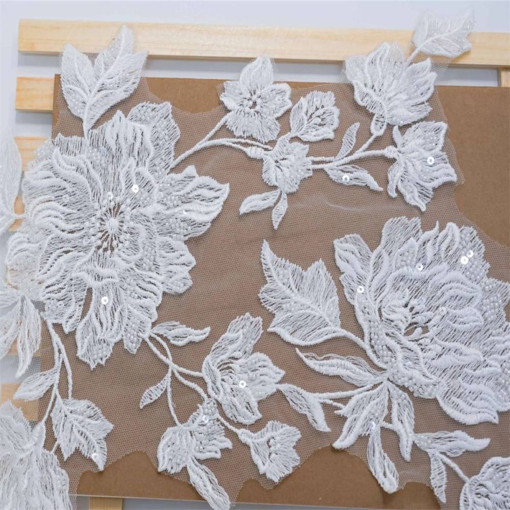 10 Pieces White Sequined Beaded Embroidered Bridal Lace Applique Material