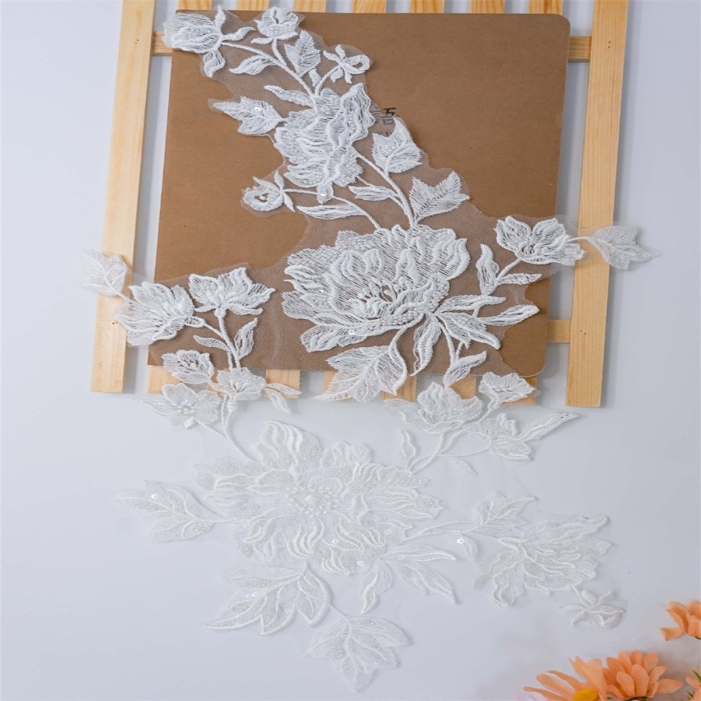 10 Pieces White Sequined Beaded Embroidered Bridal Lace Applique Material