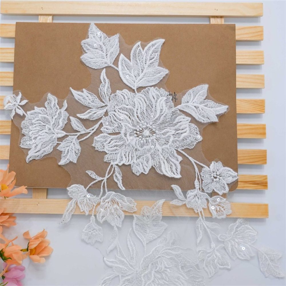 10 Pieces White Sequined Beaded Embroidered Bridal Lace Applique Material