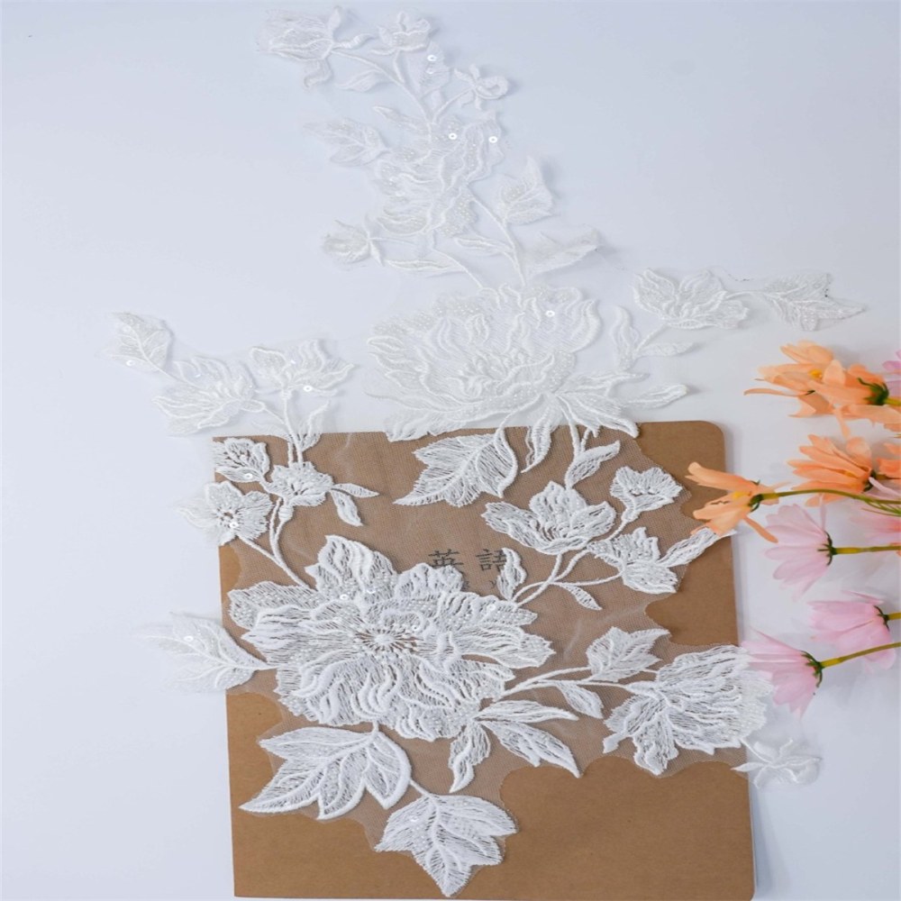 10 Pieces White Sequined Beaded Embroidered Bridal Lace Applique Material