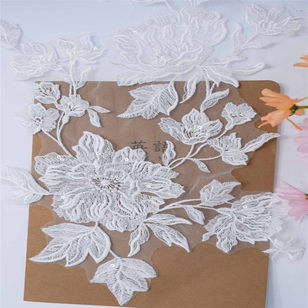 10 Pieces White Sequined Beaded Embroidered Bridal Lace Applique Material