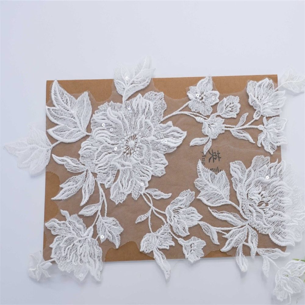 10 Pieces White Sequined Beaded Embroidered Bridal Lace Applique Material