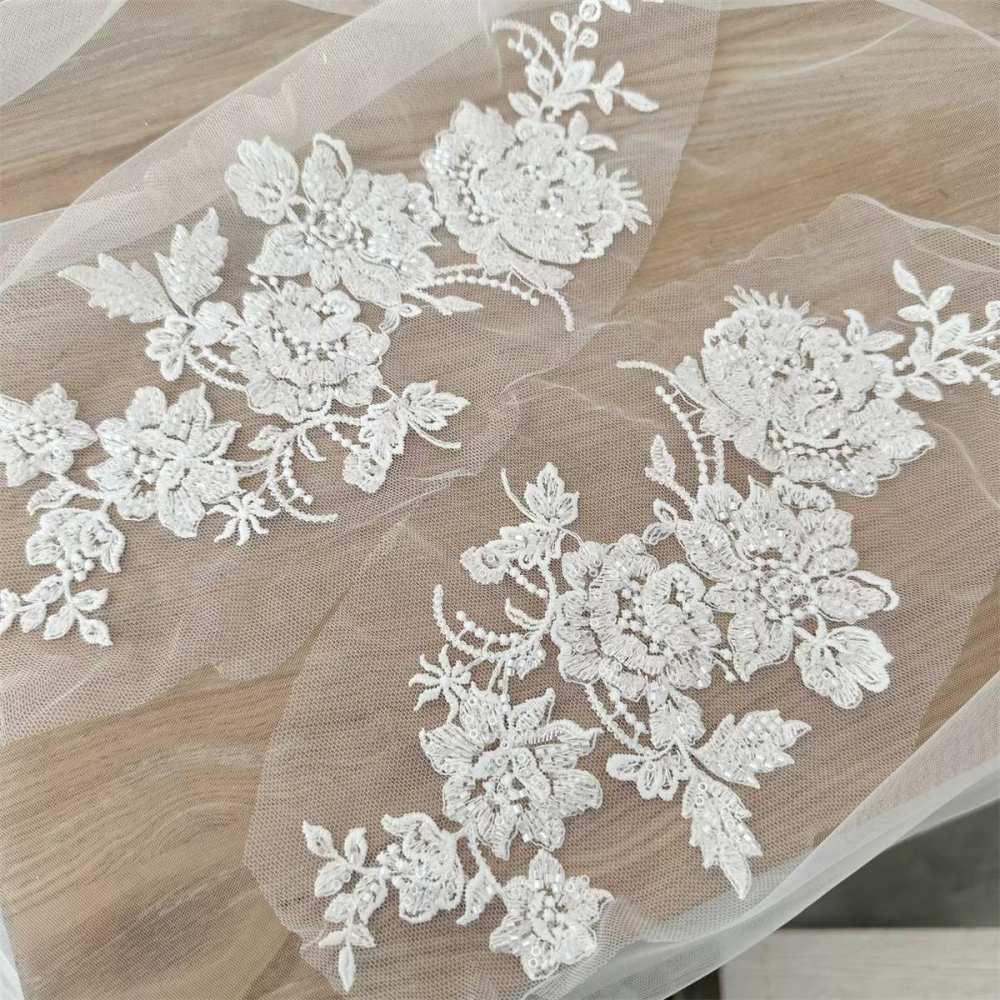 2 Pieces White Beaded Embroidered Bridal Lace Applique Material