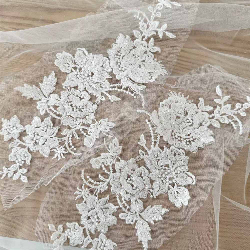 2 Pieces White Beaded Embroidered Bridal Lace Applique Material