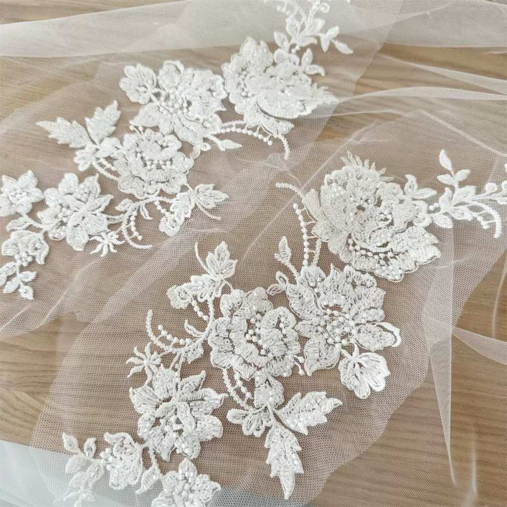 1 Pair White Beaded Embroidered Bridal Lace Applique Material