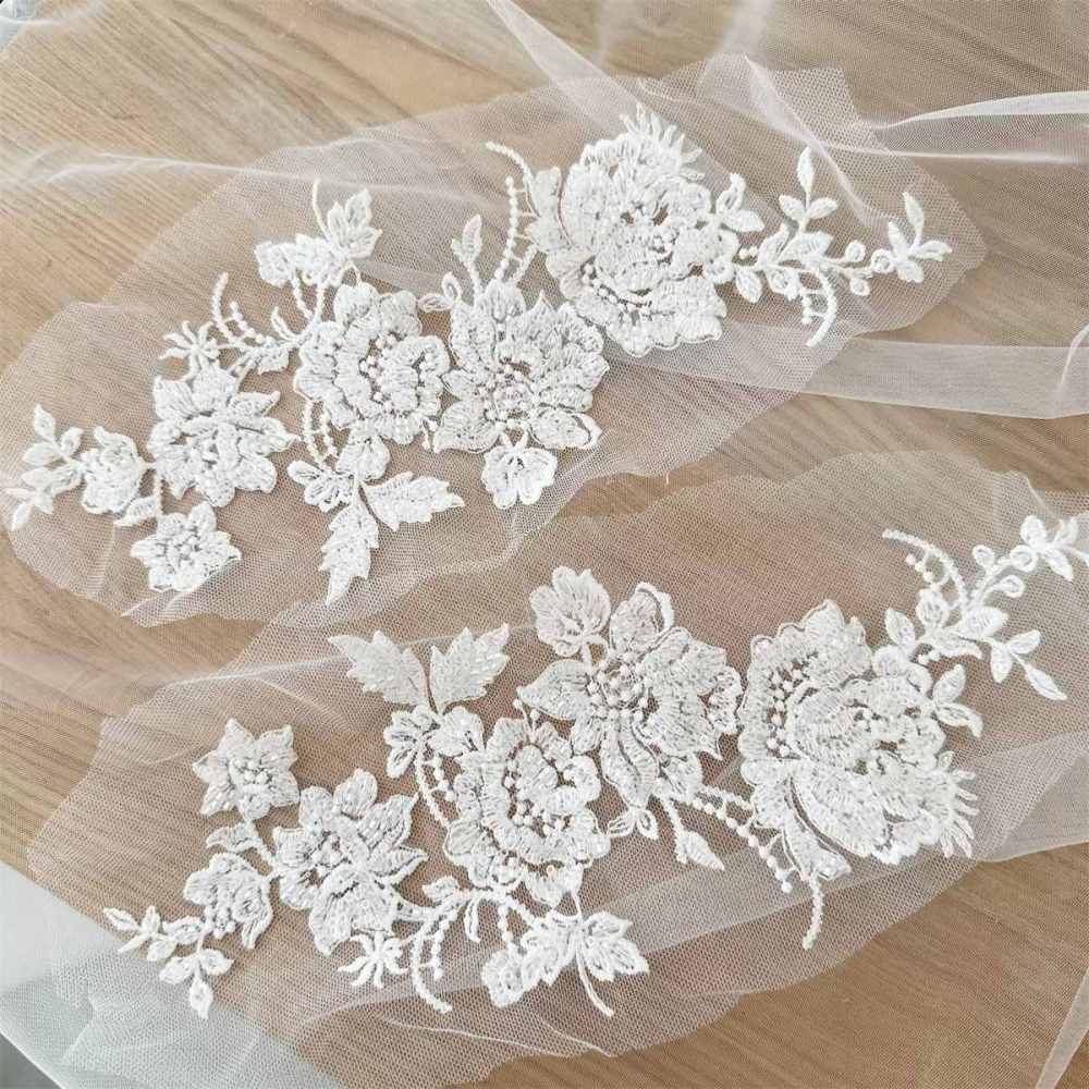 2 Pieces White Beaded Embroidered Bridal Lace Applique Material