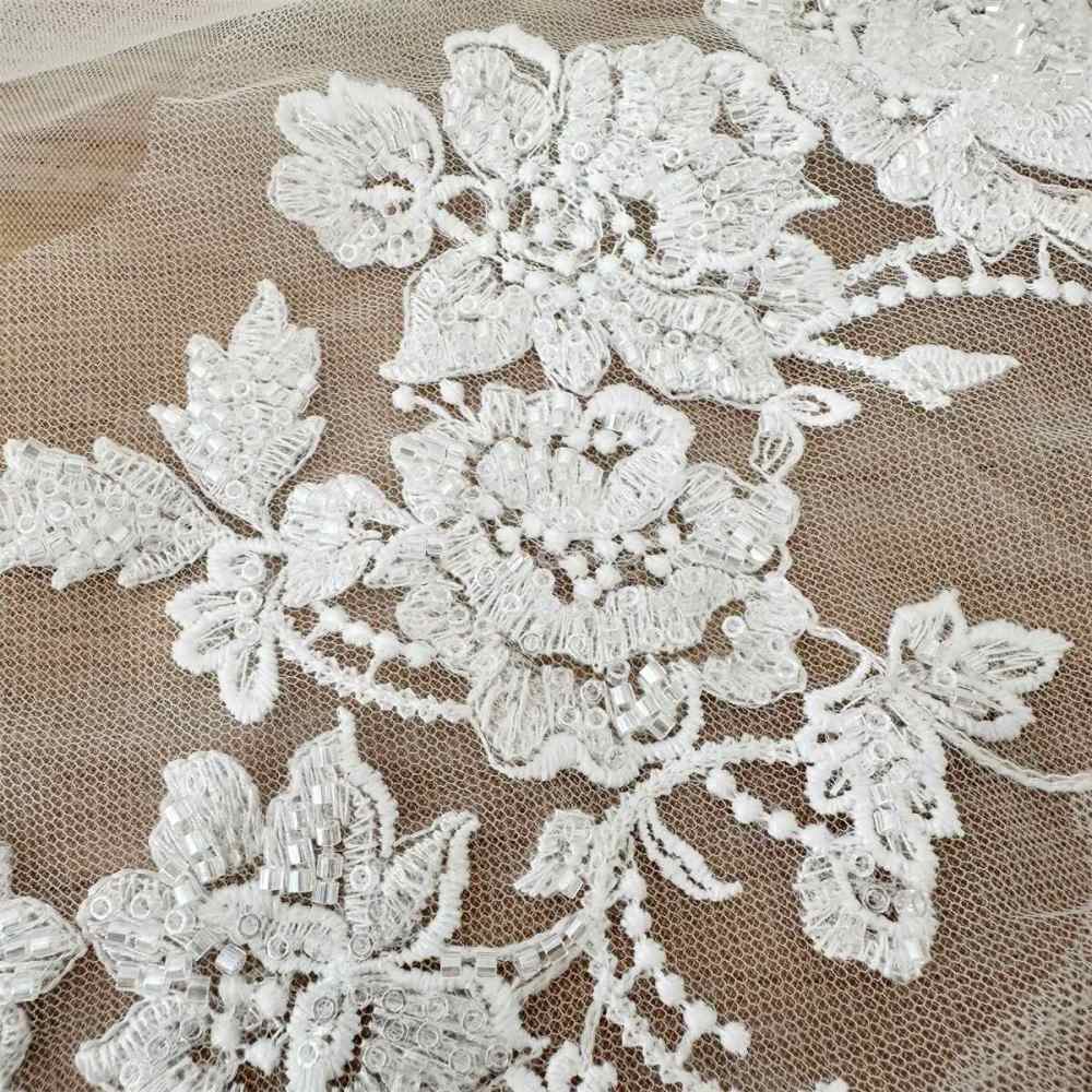 2 Pieces White Beaded Embroidered Bridal Lace Applique Material