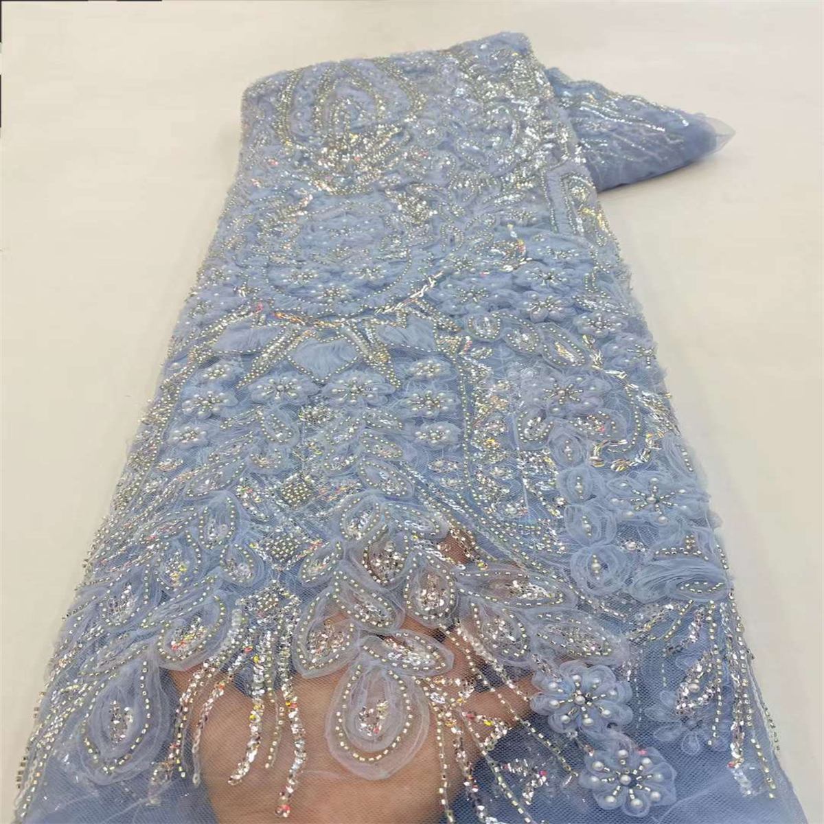 5 Yards Colored 3D Tulle Corded Sequined Beaded Embroidered Lace Fabric JJ059