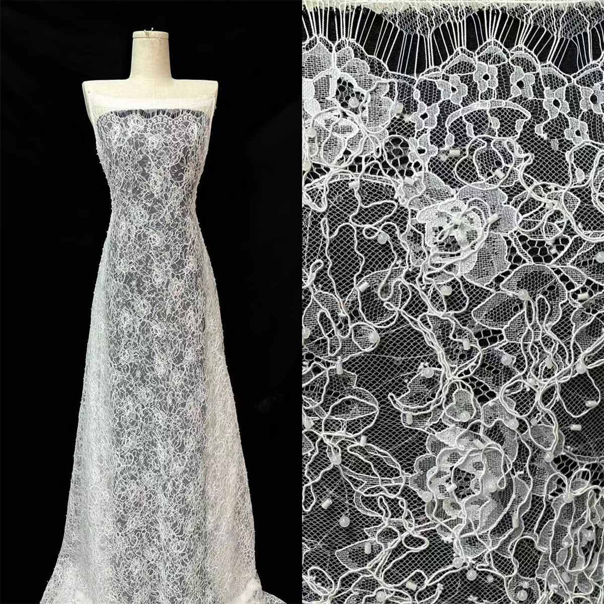 3 Meters Bridal Lace Fabric, Corded Beaded Chantilly Lace Fabric for Wedding, Bridal Dresses & Gowns | Love in Lace | NO. HN293