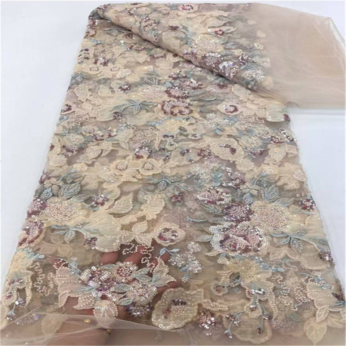 5 Yards 3D Floral Beaded Mesh Fabric, Embroidered Beaded Tulle Fabric for Wedding Bridal Gowns & Evening Party Dresses, Embellished with Beads 3D Flowers & Petals | Love in Lace | NO. JLT094