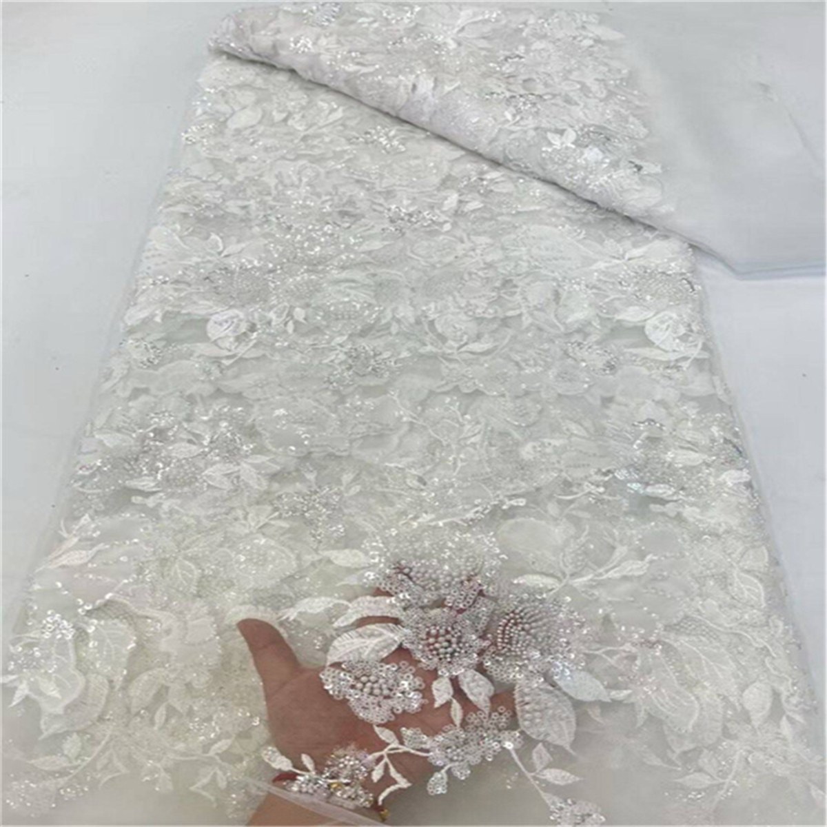 5 Yards 3D Floral Beaded Mesh Fabric, Embroidered Beaded Tulle Fabric for Wedding Bridal Gowns & Evening Party Dresses, Embellished with Beads 3D Flowers & Petals | Love in Lace | NO. JLT094
