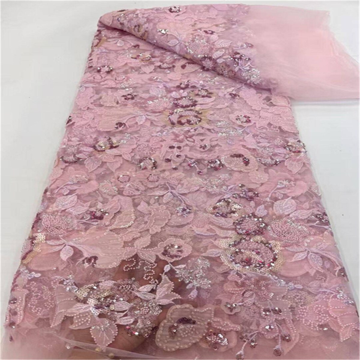 5 Yards 3D Floral Beaded Mesh Fabric, Embroidered Beaded Tulle Fabric for Wedding Bridal Gowns & Evening Party Dresses, Embellished with Beads 3D Flowers & Petals | Love in Lace | NO. JLT094