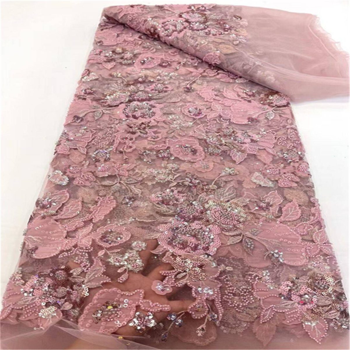 5 Yards 3D Floral Beaded Mesh Fabric, Embroidered Beaded Tulle Fabric for Wedding Bridal Gowns & Evening Party Dresses, Embellished with Beads 3D Flowers & Petals | Love in Lace | NO. JLT094