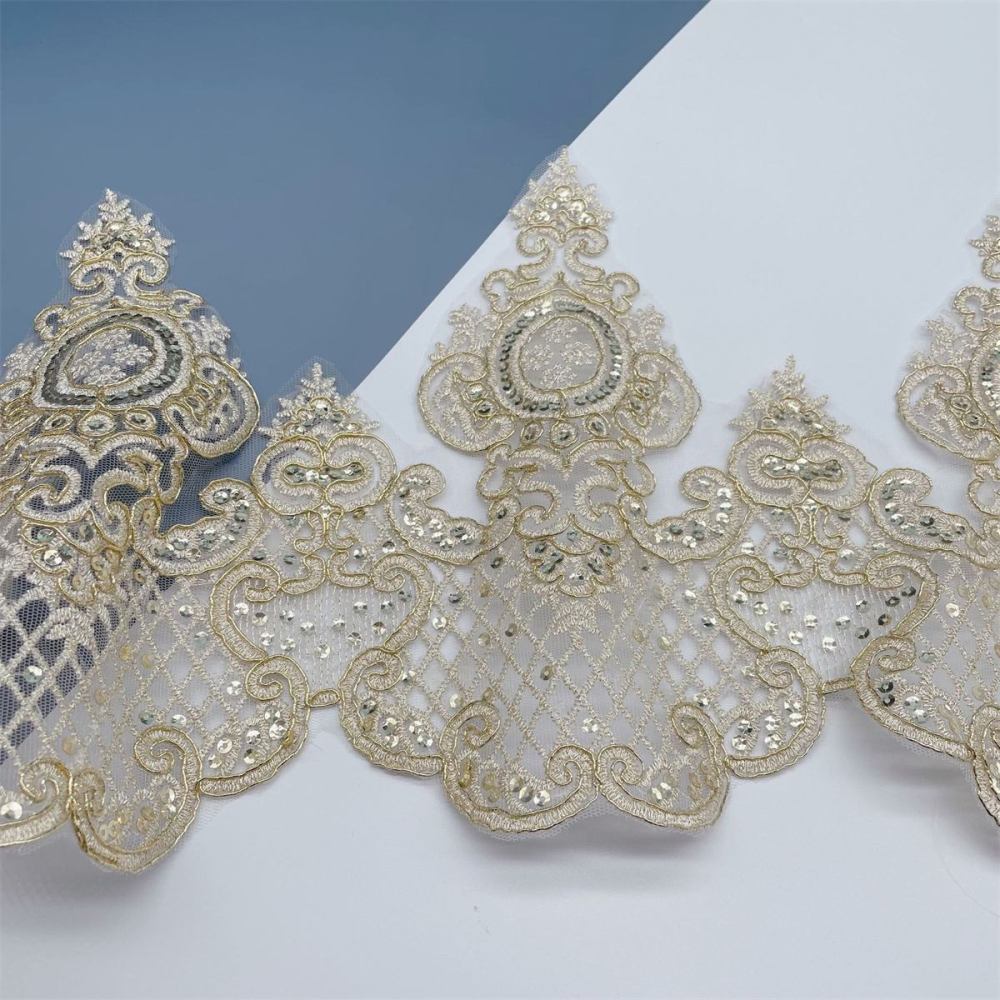 10 Yards Bridal Lace Trim, Gold Corded Embroidered Sequin Lace Trim for Wedding Gowns, Bridal Dresses & Veils | Love in Lace | NO. XC021