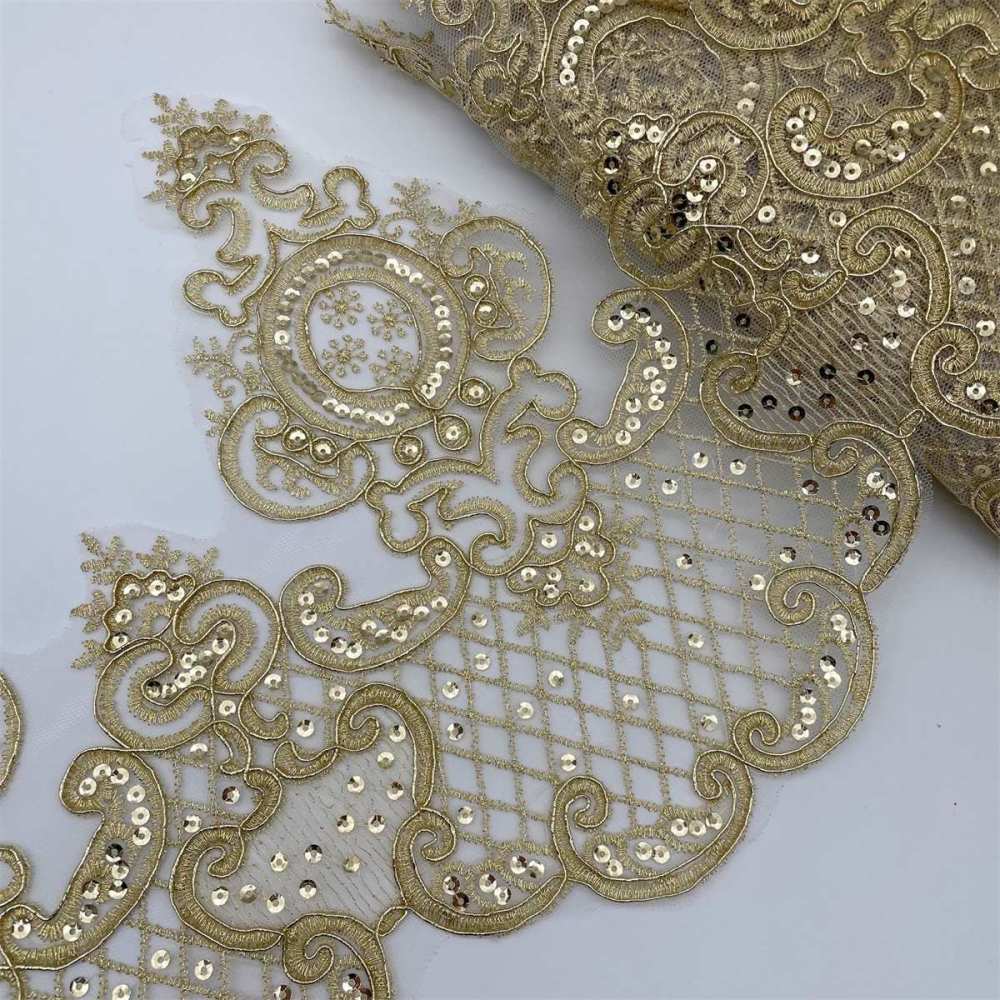10 Yards Bridal Lace Trim, Gold Corded Embroidered Sequin Lace Trim for Wedding Gowns, Bridal Dresses & Veils | Love in Lace | NO. XC021