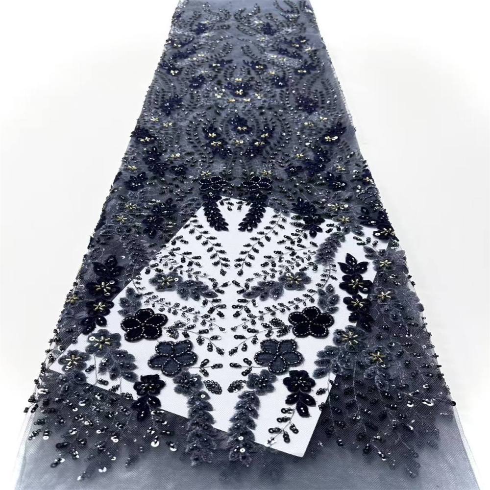 Embellished Beaded 3D Floral Tulle Lace Fabric with Beads | Ref. HN345