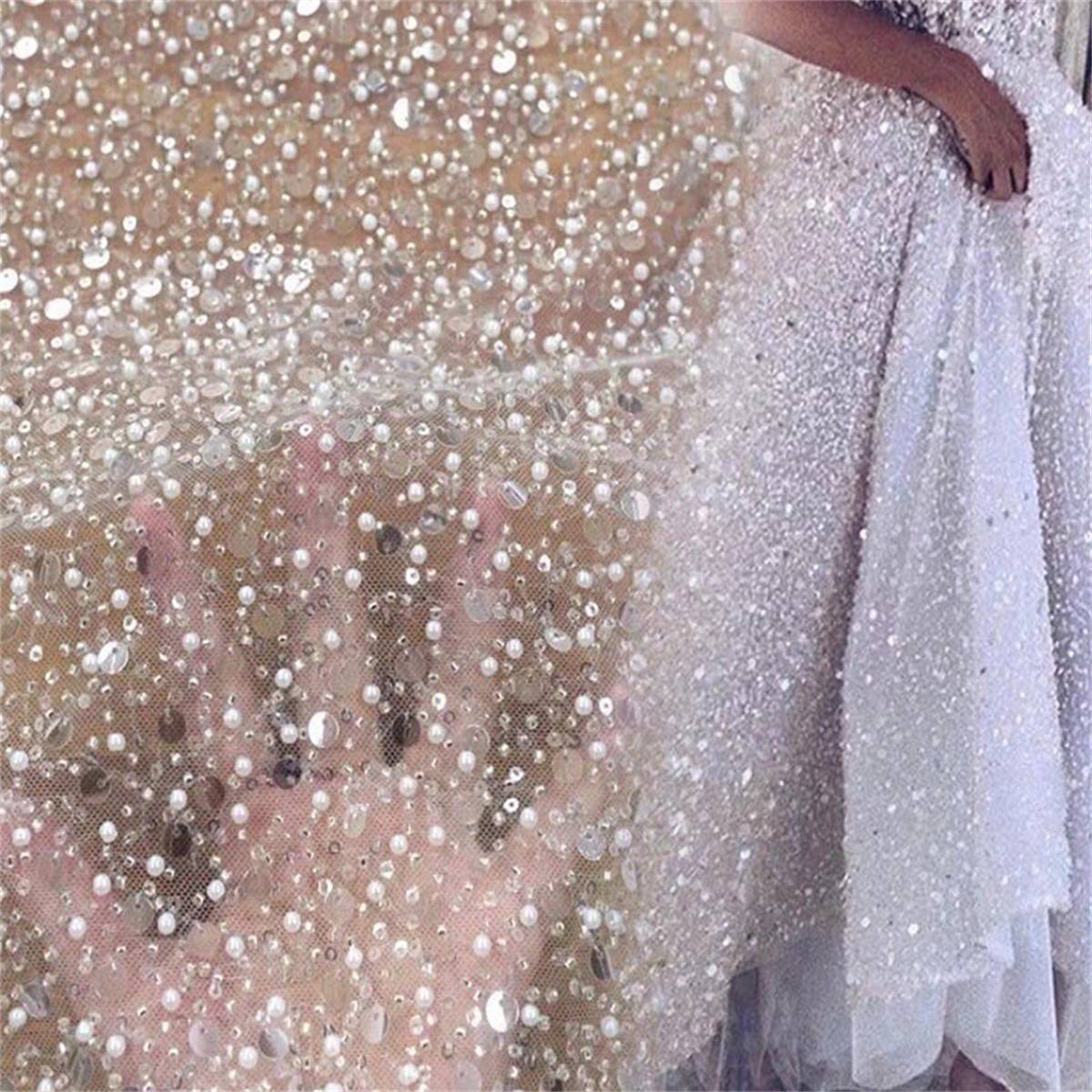5 Yards Beaded Mesh Fabric, Beaded Tulle Fabric for Wedding Bridal Gowns & Party Evening Dresses, Embellished with Beads & Pearls | Love in Lace | NO. ZT069