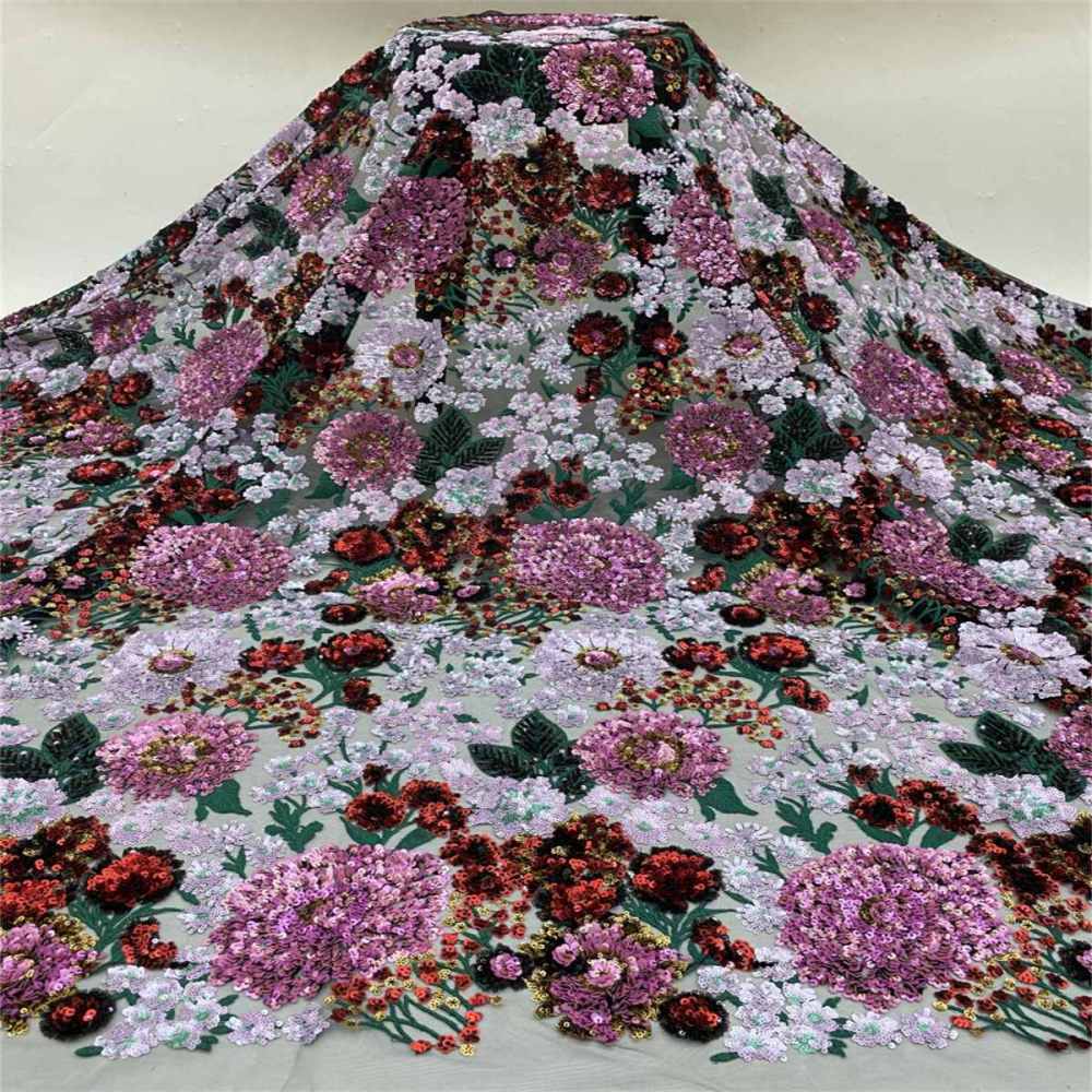 Multi-Coloured Sequined Beaded Embroidered Lace Fabric TDD003