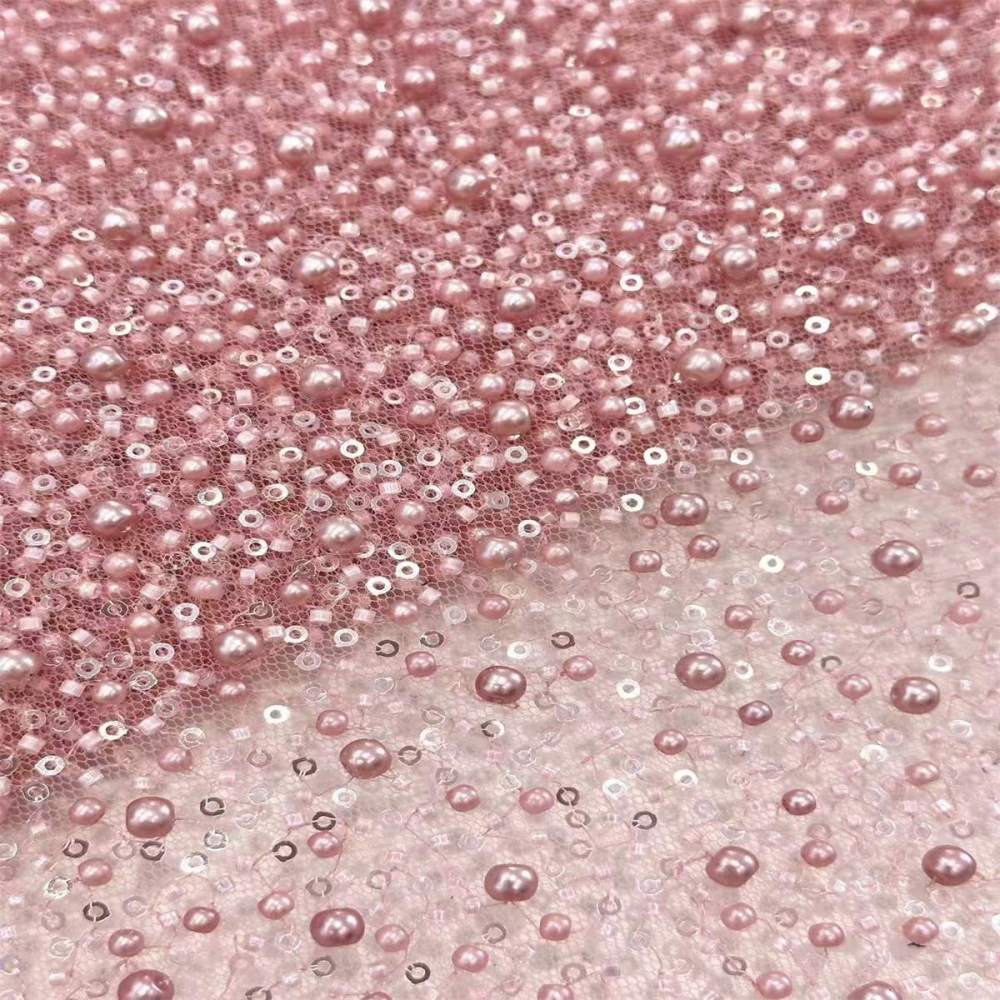 5 Yards Beaded Mesh Fabric, Embellished Tulle Fabric with Beads, Pearls, Sequins, NO. HN093