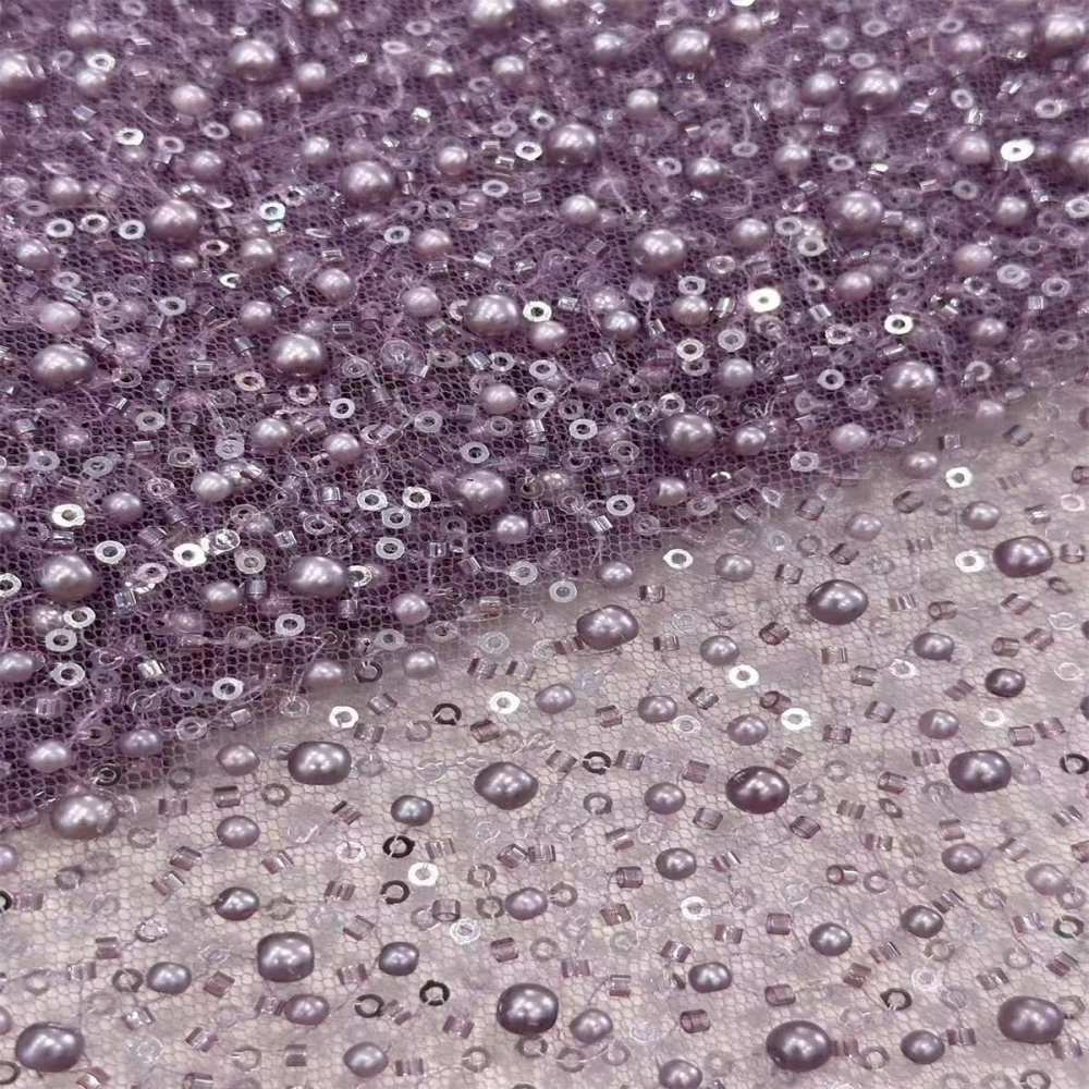 5 Yards Beaded Mesh Fabric, Embellished Tulle Fabric with Beads, Pearls, Sequins, NO. HN093