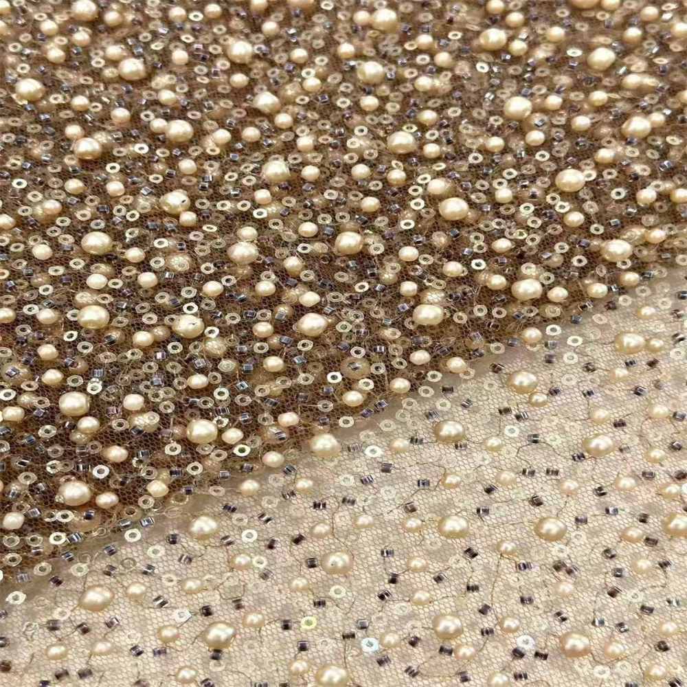5 Yards Beaded Mesh Fabric, Embellished Tulle Fabric with Beads, Pearls, Sequins, NO. HN093