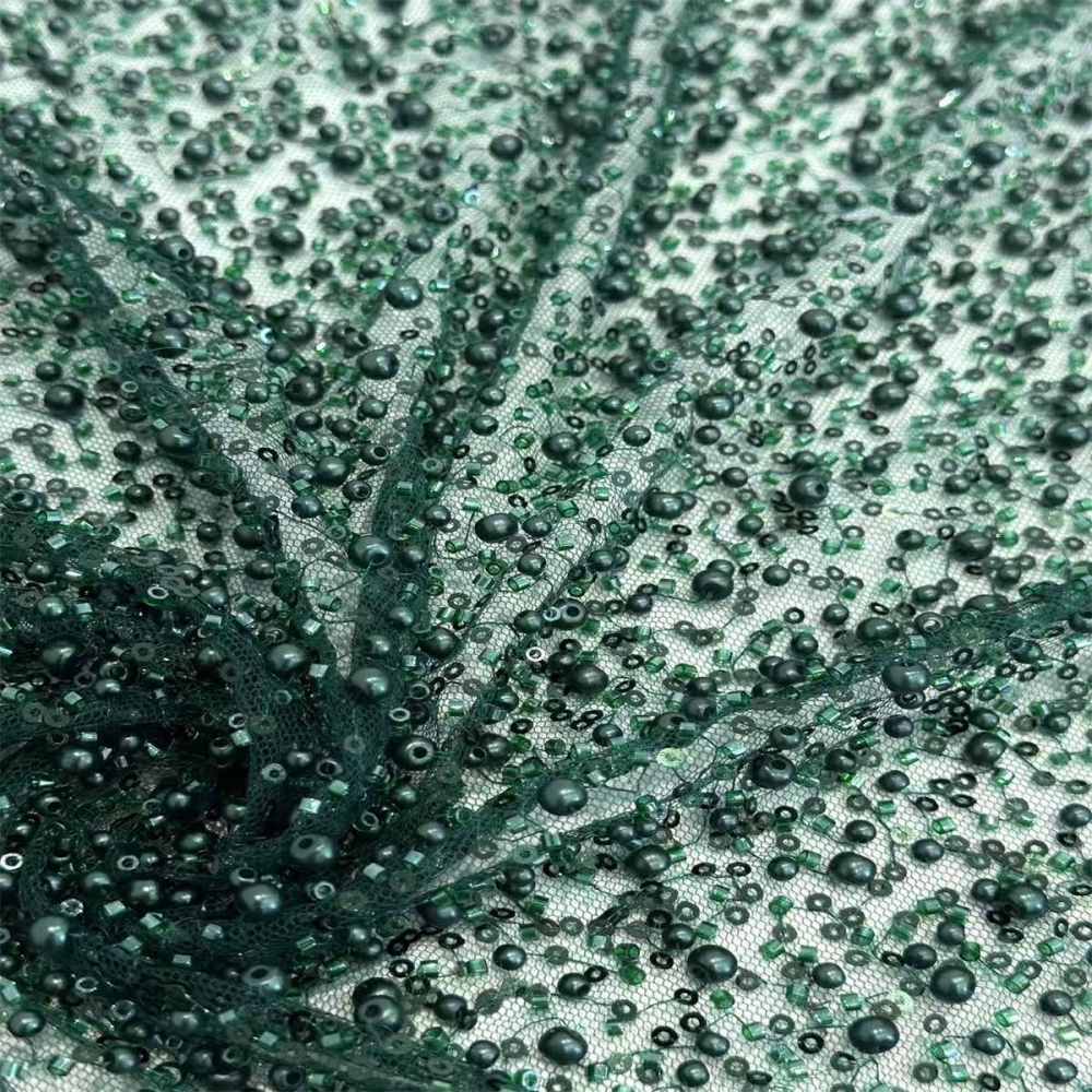 5 Yards Beaded Mesh Fabric, Embellished Tulle Fabric with Beads, Pearls, Sequins, NO. HN093