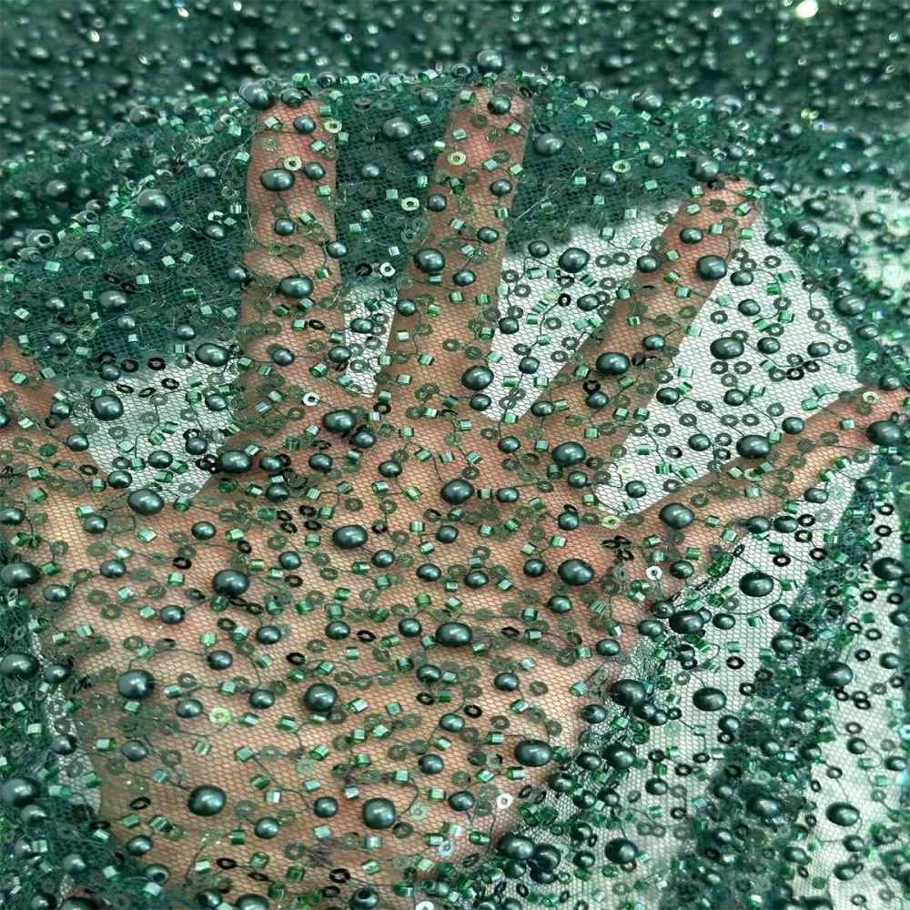 5 Yards Beaded Mesh Fabric, Embellished Tulle Fabric with Beads, Pearls, Sequins, NO. HN093