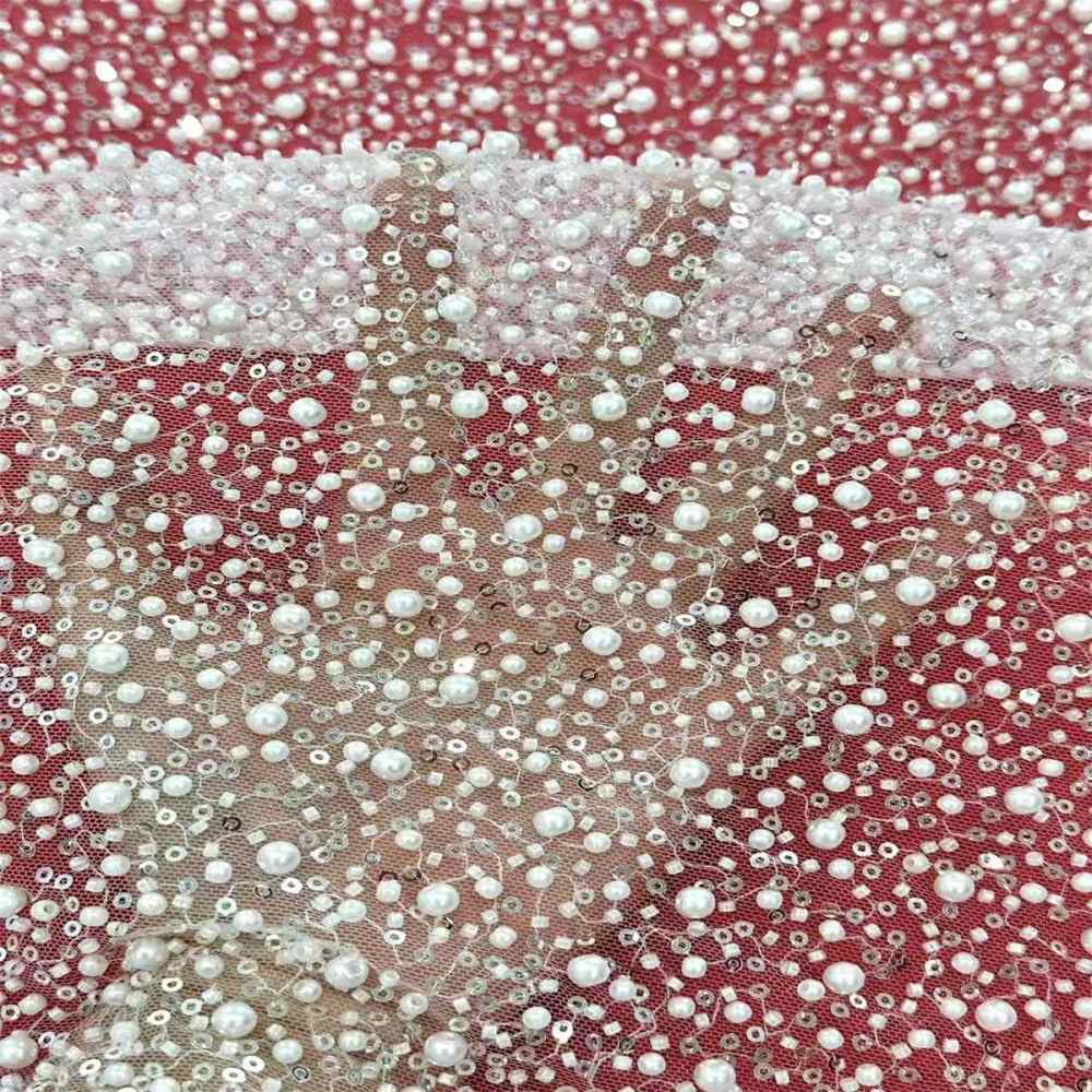 5 Yards Beaded Mesh Fabric, Embellished Tulle Fabric with Beads, Pearls, Sequins, NO. HN093