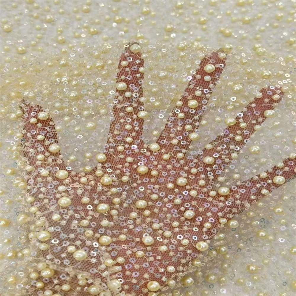 5 Yards Beaded Mesh Fabric, Embellished Tulle Fabric with Beads, Pearls, Sequins, NO. HN093