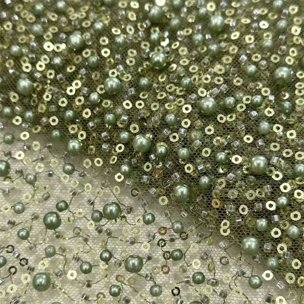 5 Yards Beaded Mesh Fabric, Embellished Tulle Fabric with Beads, Pearls, Sequins, NO. HN093