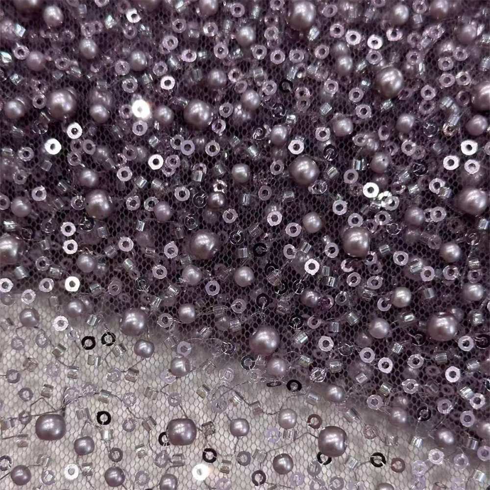 5 Yards Beaded Mesh Fabric, Embellished Tulle Fabric with Beads, Pearls, Sequins, NO. HN093