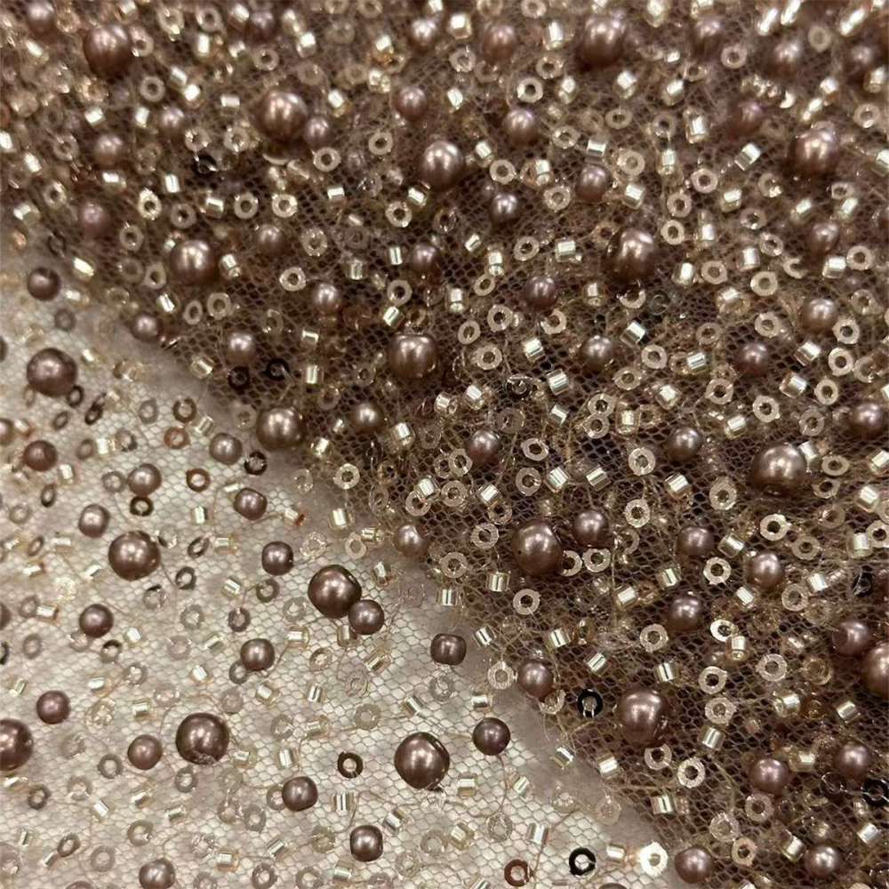 5 Yards Beaded Mesh Fabric, Embellished Tulle Fabric with Beads, Pearls, Sequins, NO. HN093