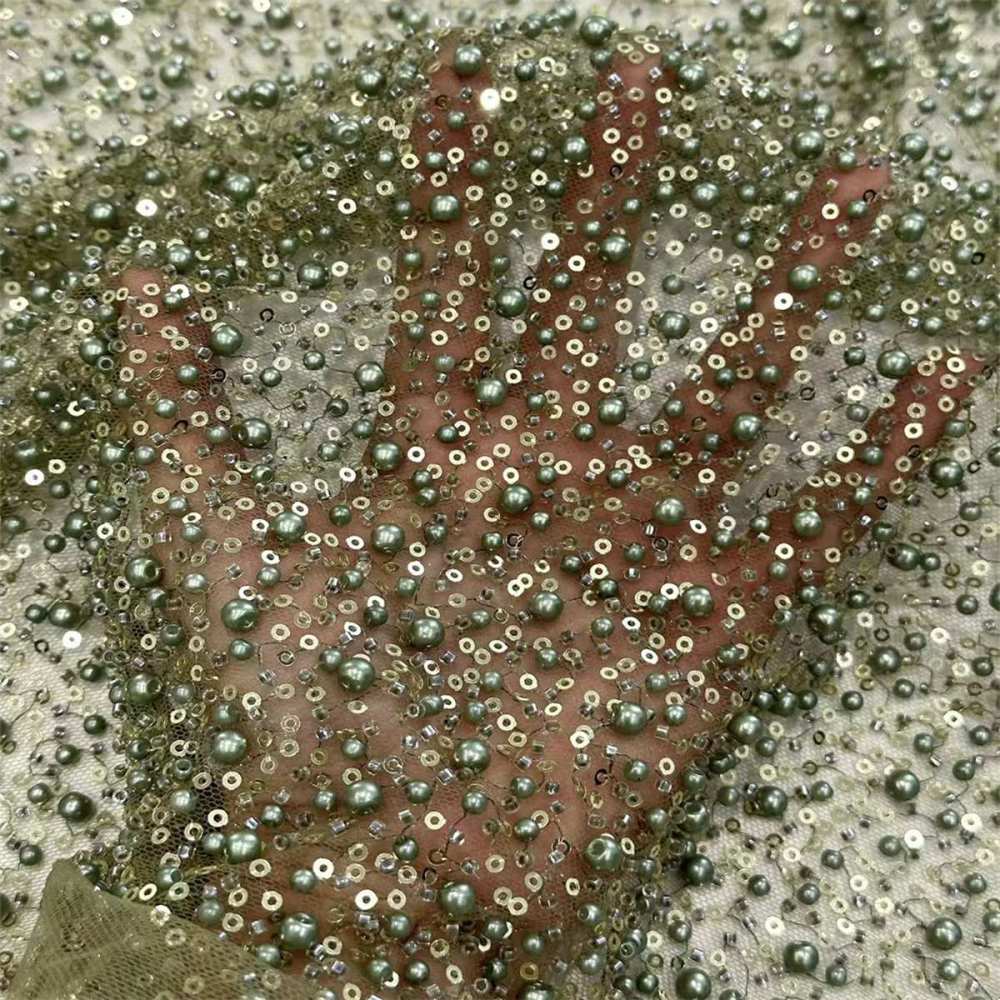 5 Yards Beaded Mesh Fabric, Embellished Tulle Fabric with Beads, Pearls, Sequins, NO. HN093