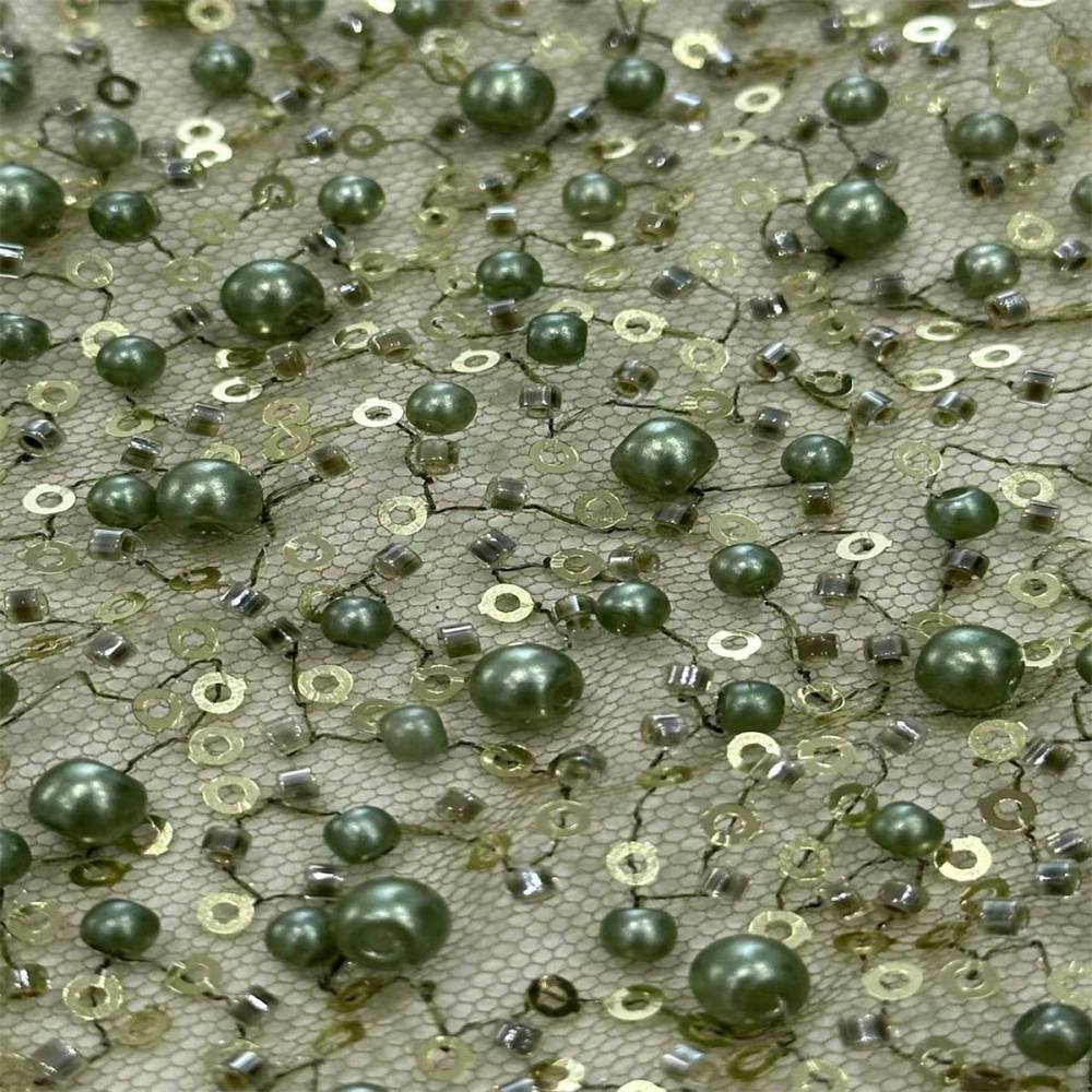 5 Yards Beaded Mesh Fabric, Embellished Tulle Fabric with Beads, Pearls, Sequins, NO. HN093