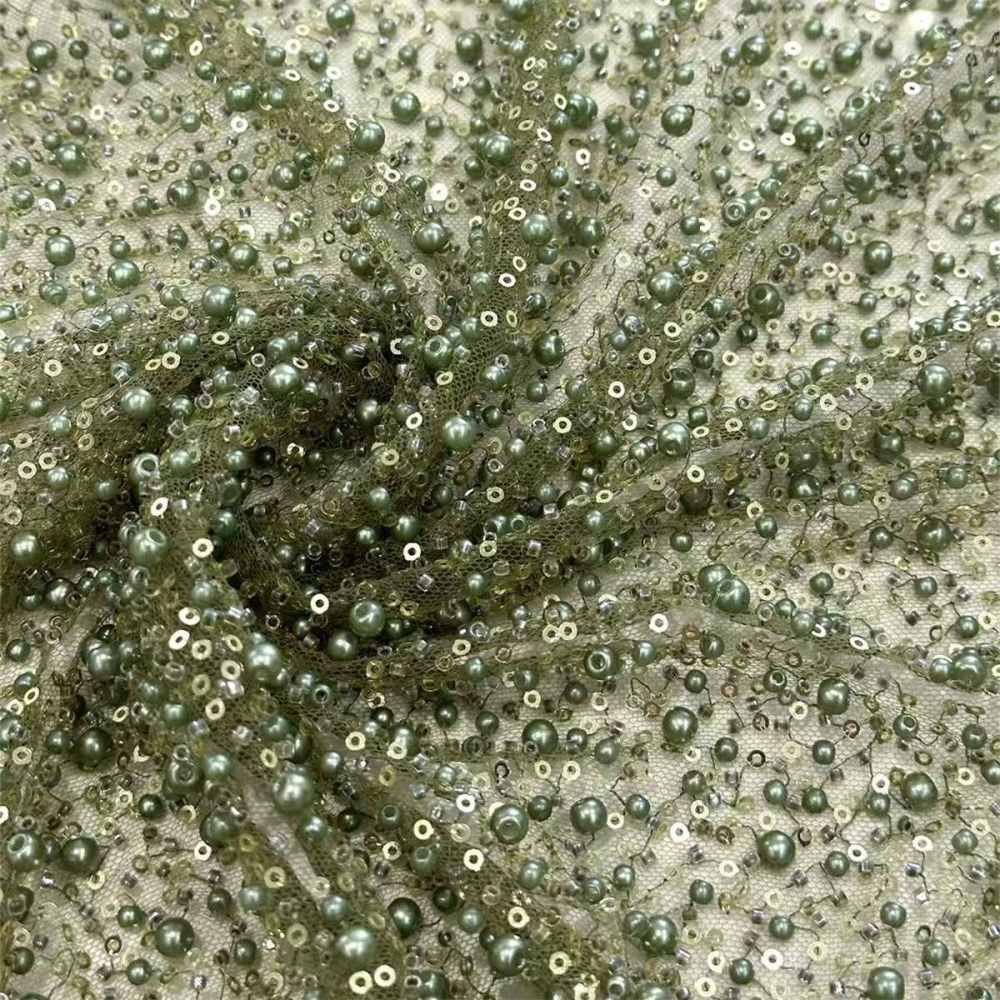 5 Yards Beaded Mesh Fabric, Embellished Tulle Fabric with Beads, Pearls, Sequins, NO. HN093