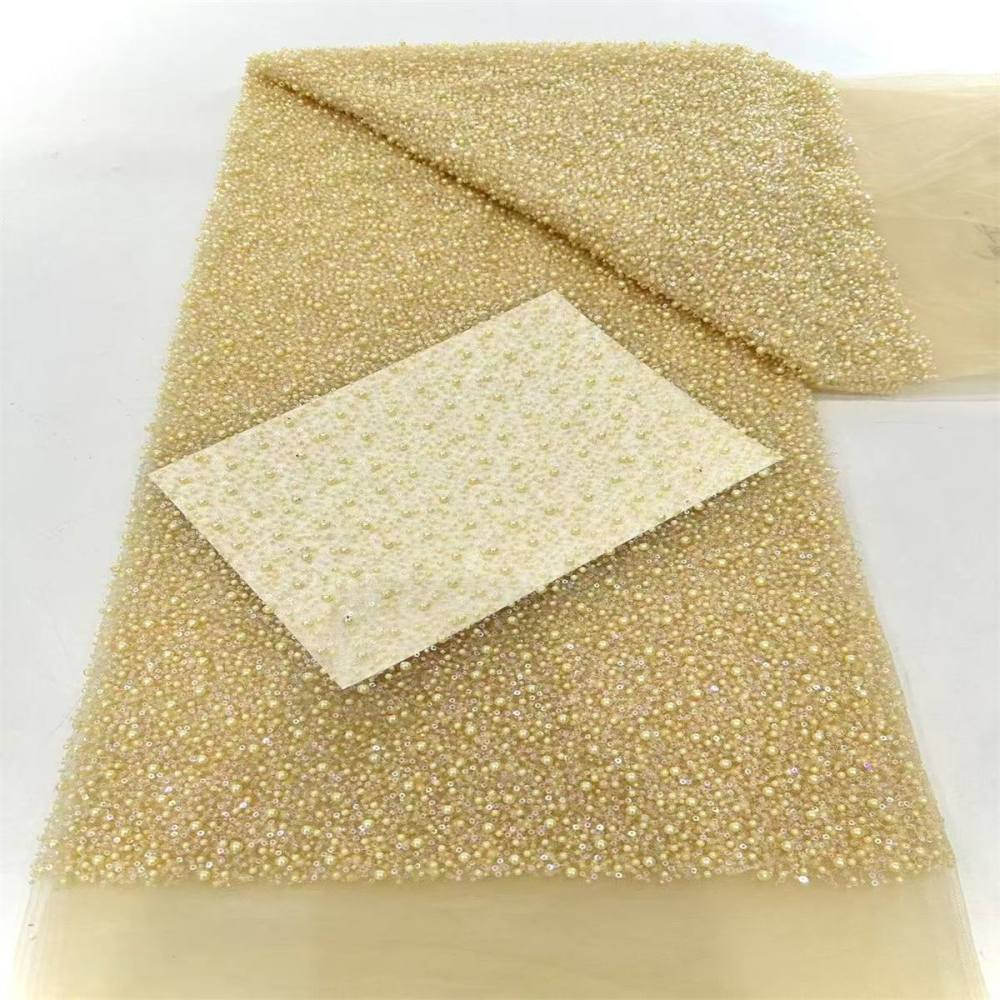5 Yards Beaded Mesh Fabric, Embellished Tulle Fabric with Beads, Pearls, Sequins, NO. HN093
