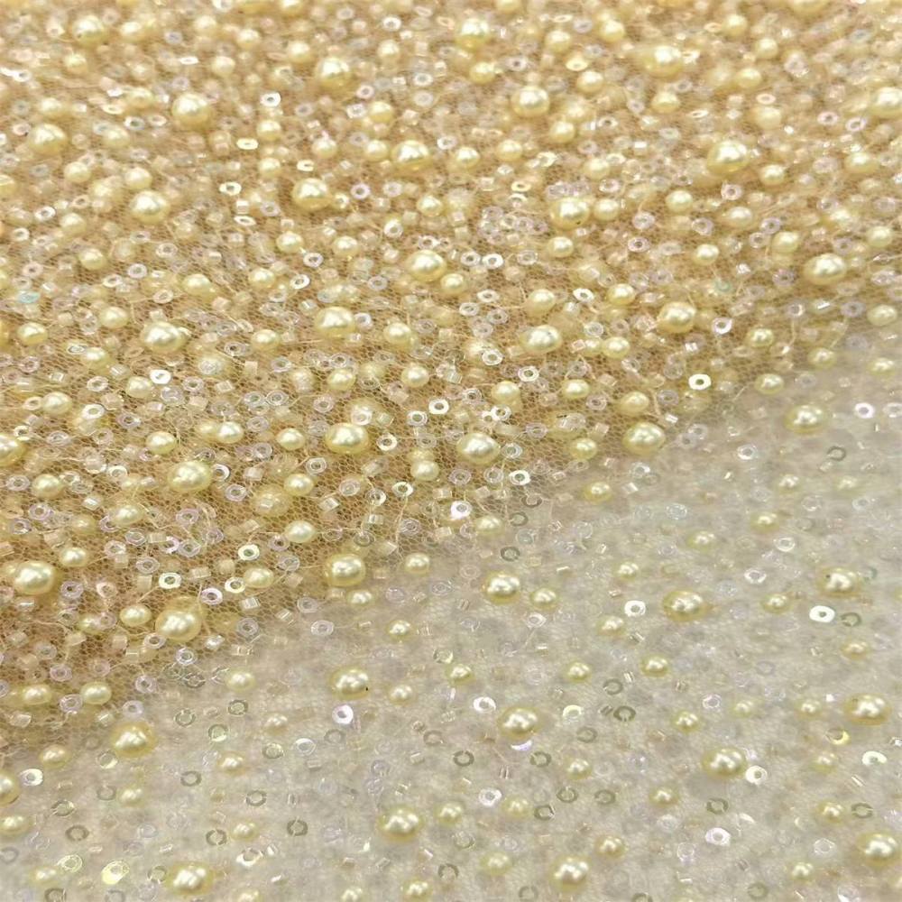 5 Yards Beaded Mesh Fabric, Embellished Tulle Fabric with Beads, Pearls, Sequins, NO. HN093