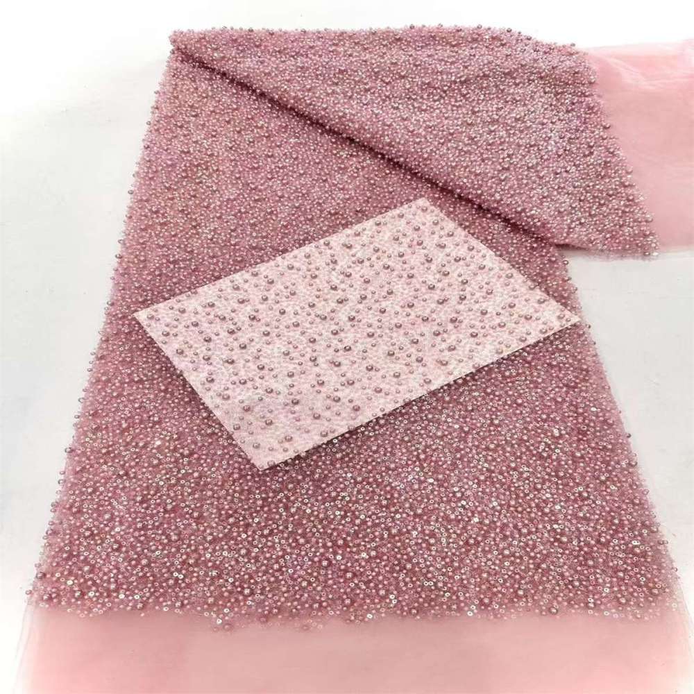 5 Yards Beaded Mesh Fabric, Embellished Tulle Fabric with Beads, Pearls, Sequins, NO. HN093