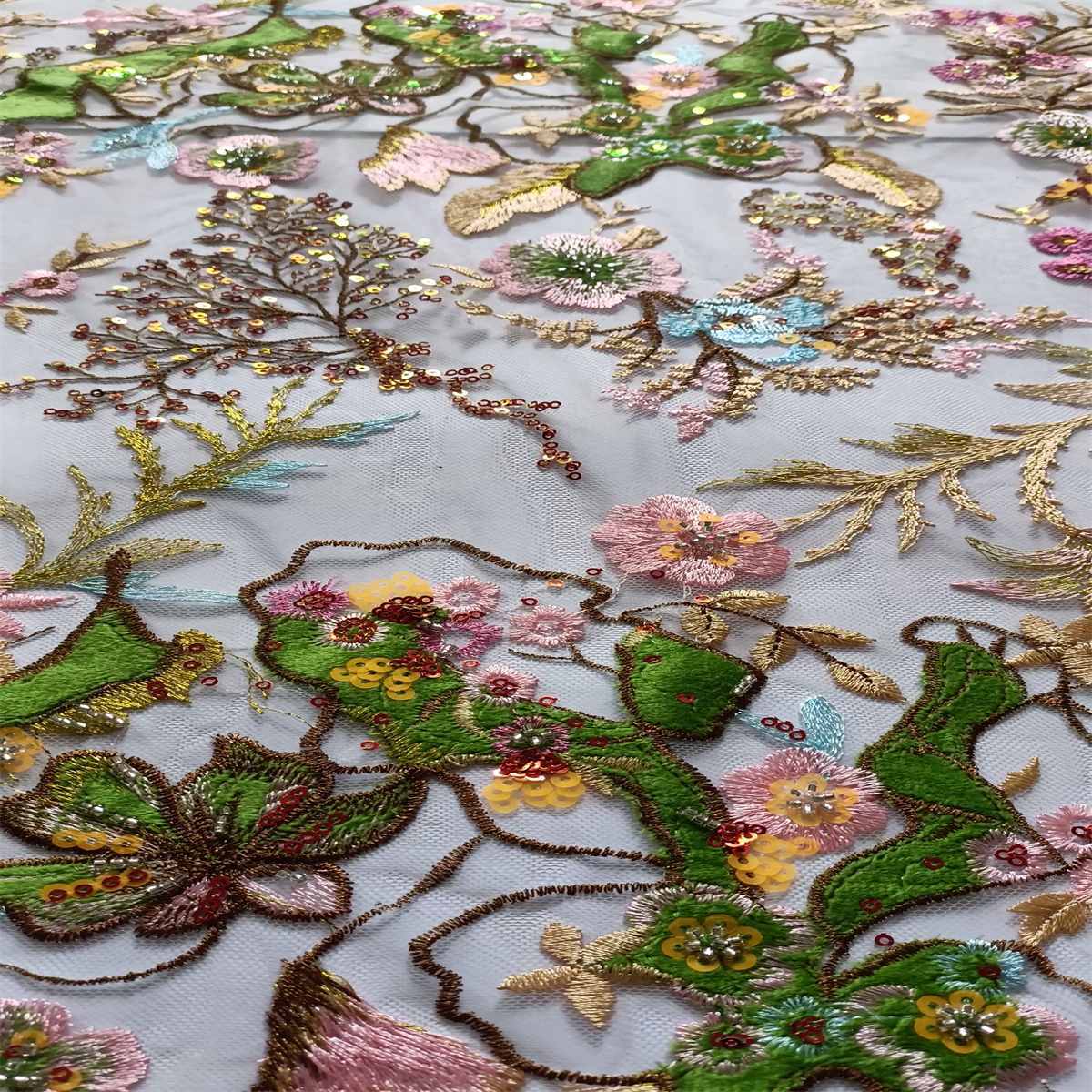 5 Yards Embroidered Beaded Lace Fabric, Embroidered Colorful Tulle Lace Fabric, Embellished with Beads, Sequins, NO. TDD352