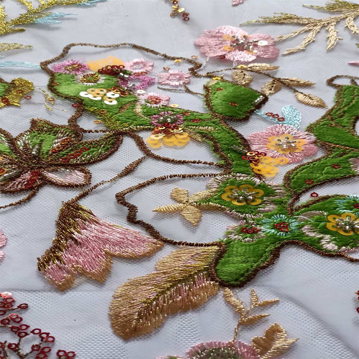 5 Yards Embroidered Beaded Lace Fabric, Embroidered Colorful Tulle Lace Fabric, Embellished with Beads, Sequins, NO. TDD352