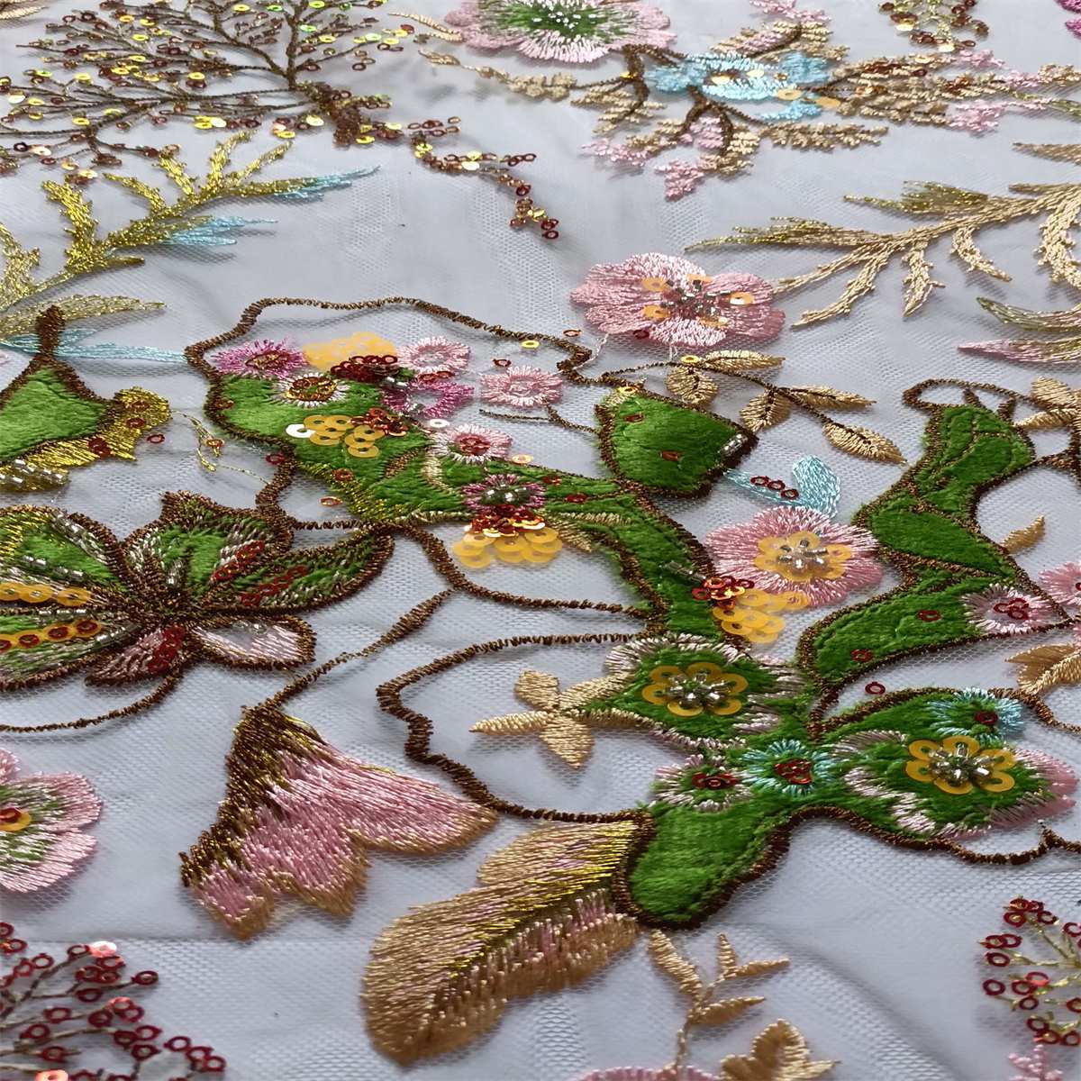 5 Yards Embroidered Beaded Lace Fabric, Embroidered Colorful Tulle Lace Fabric, Embellished with Beads, Sequins, NO. TDD352