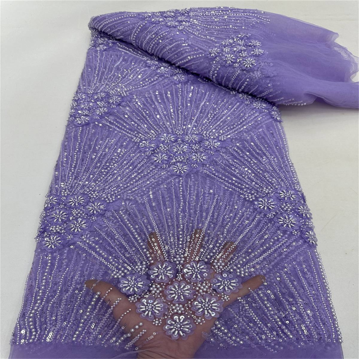 5 Yards Beaded 3D Floral Fabric, Beaded Tulle Lace Fabric, Embellished with Beads, Sequins, Pearls, 3D Flowers, Petals, Ref. ML015