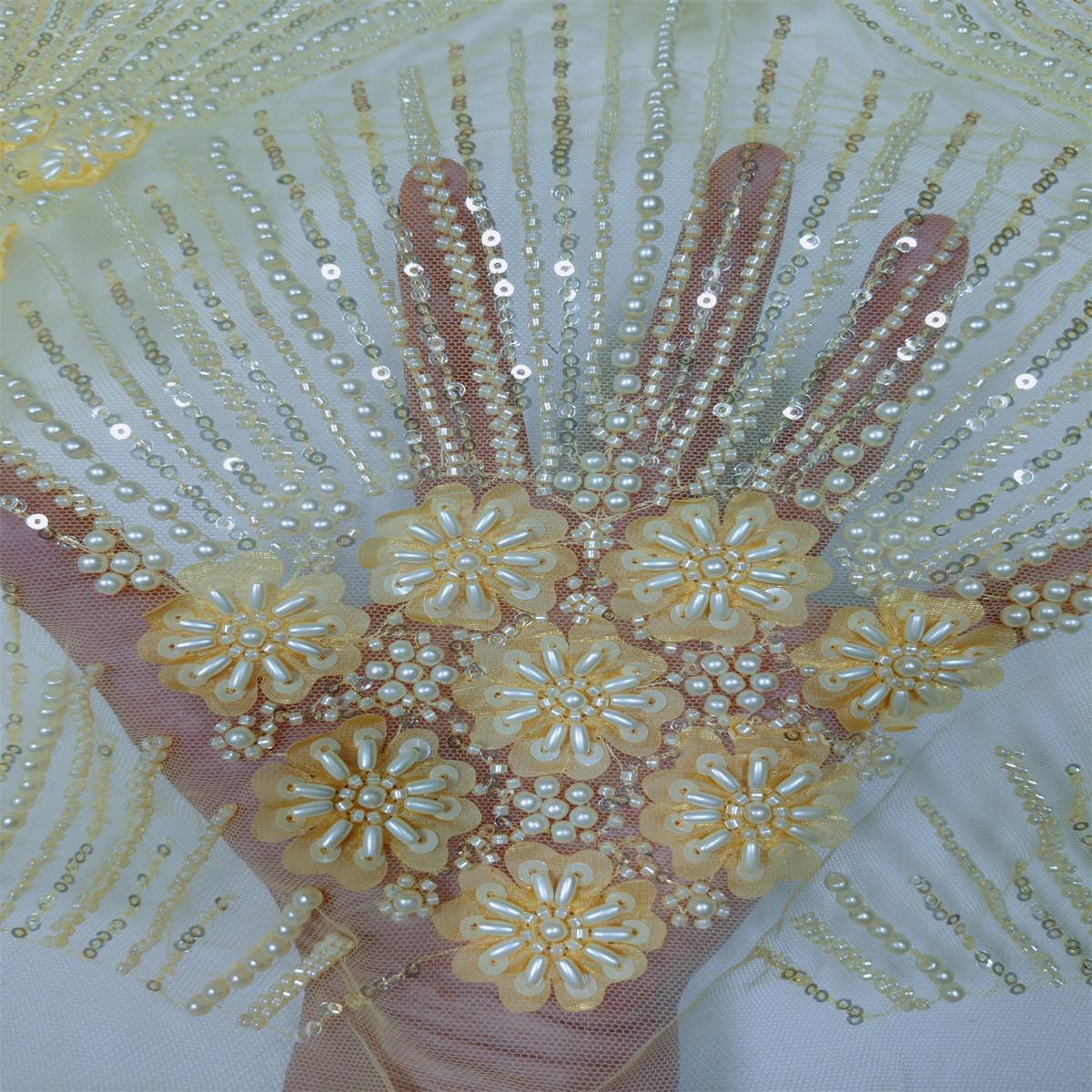 5 Yards Beaded 3D Floral Fabric, Beaded Tulle Lace Fabric, Embellished with Beads, Sequins, Pearls, 3D Flowers, Petals, NO. ML015