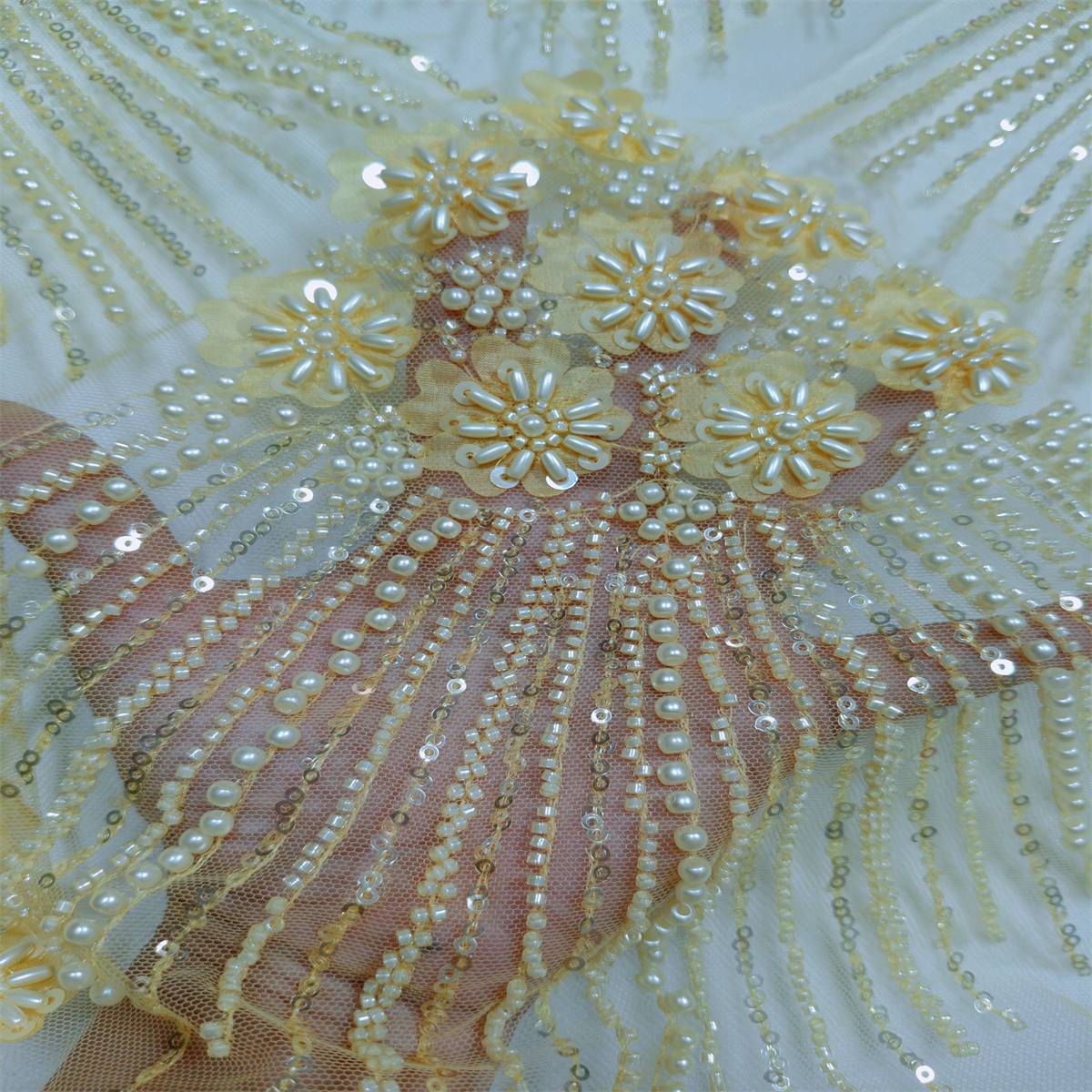 5 Yards Beaded 3D Floral Fabric, Beaded Tulle Lace Fabric, Embellished with Beads, Sequins, Pearls, 3D Flowers, Petals, NO. ML015