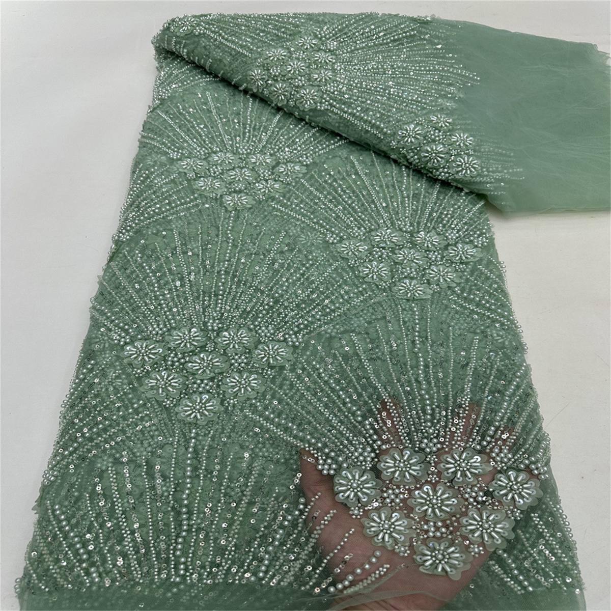 5 Yards Beaded 3D Floral Fabric, Beaded Tulle Lace Fabric, Embellished with Beads, Sequins, Pearls, 3D Flowers, Petals, Ref. ML015