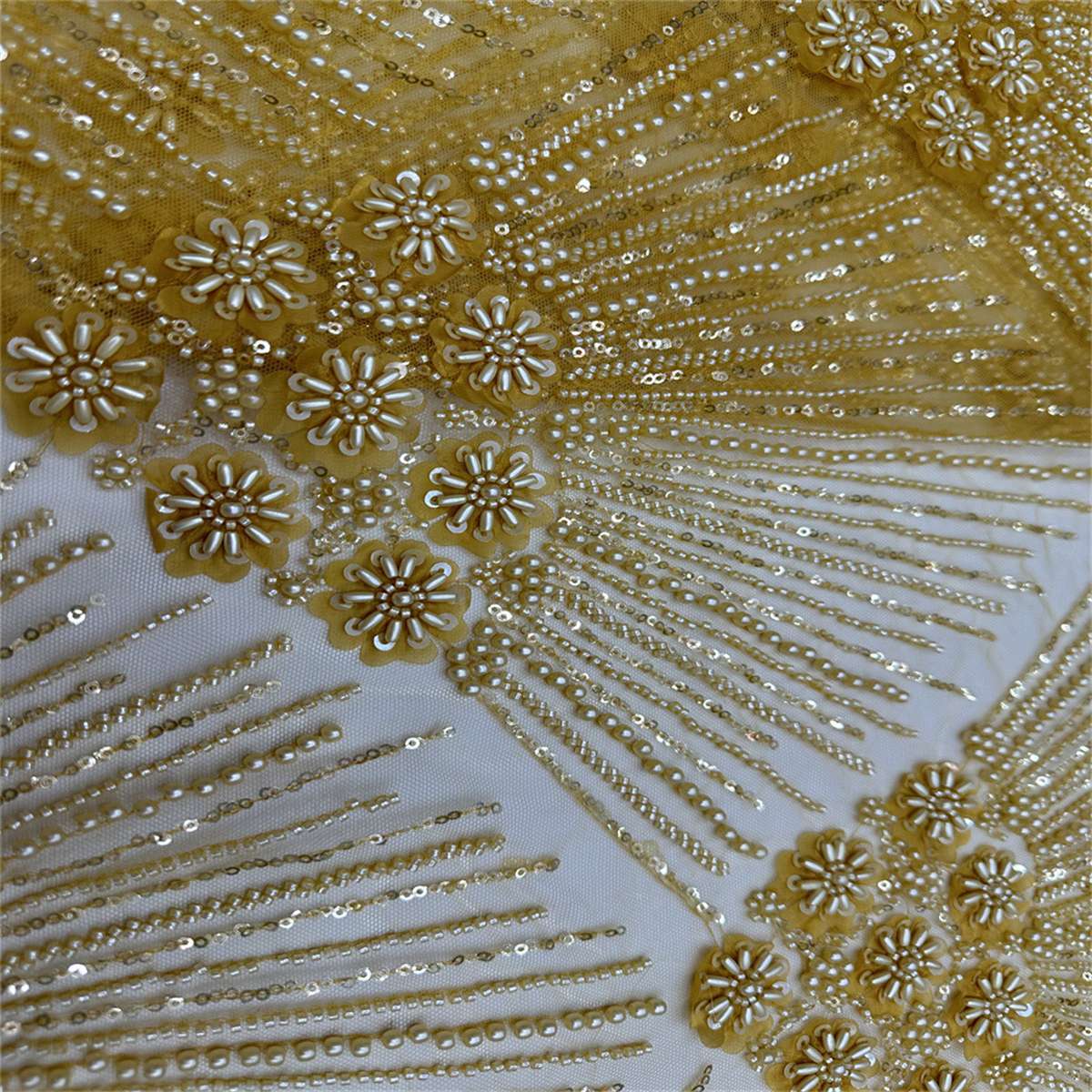 5 Yards Beaded 3D Floral Fabric, Beaded Tulle Lace Fabric, Embellished with Beads, Sequins, Pearls, 3D Flowers, Petals, Ref. ML015